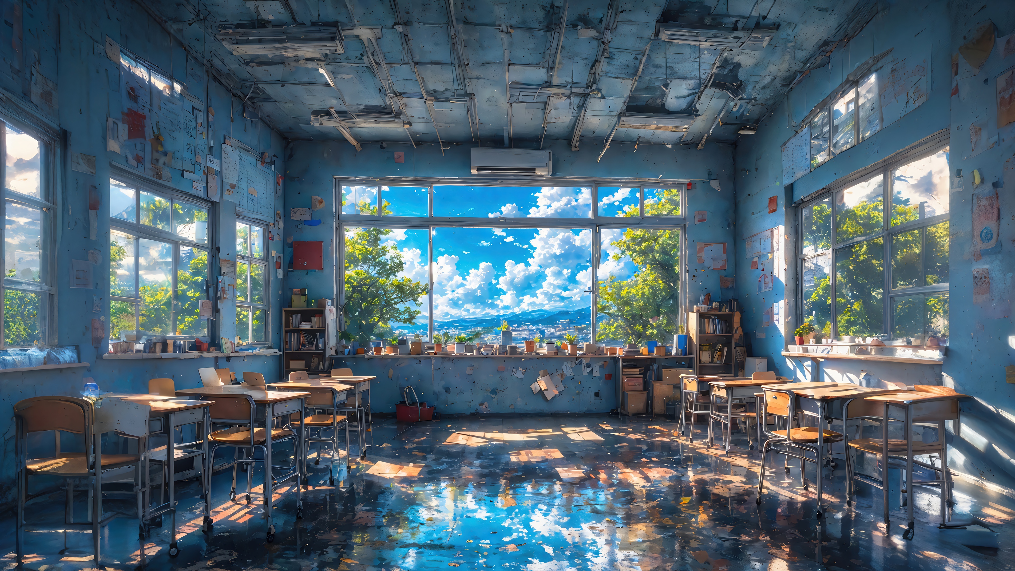 Classroom with a large window overlooking scenery, 4K HD Wallpaper