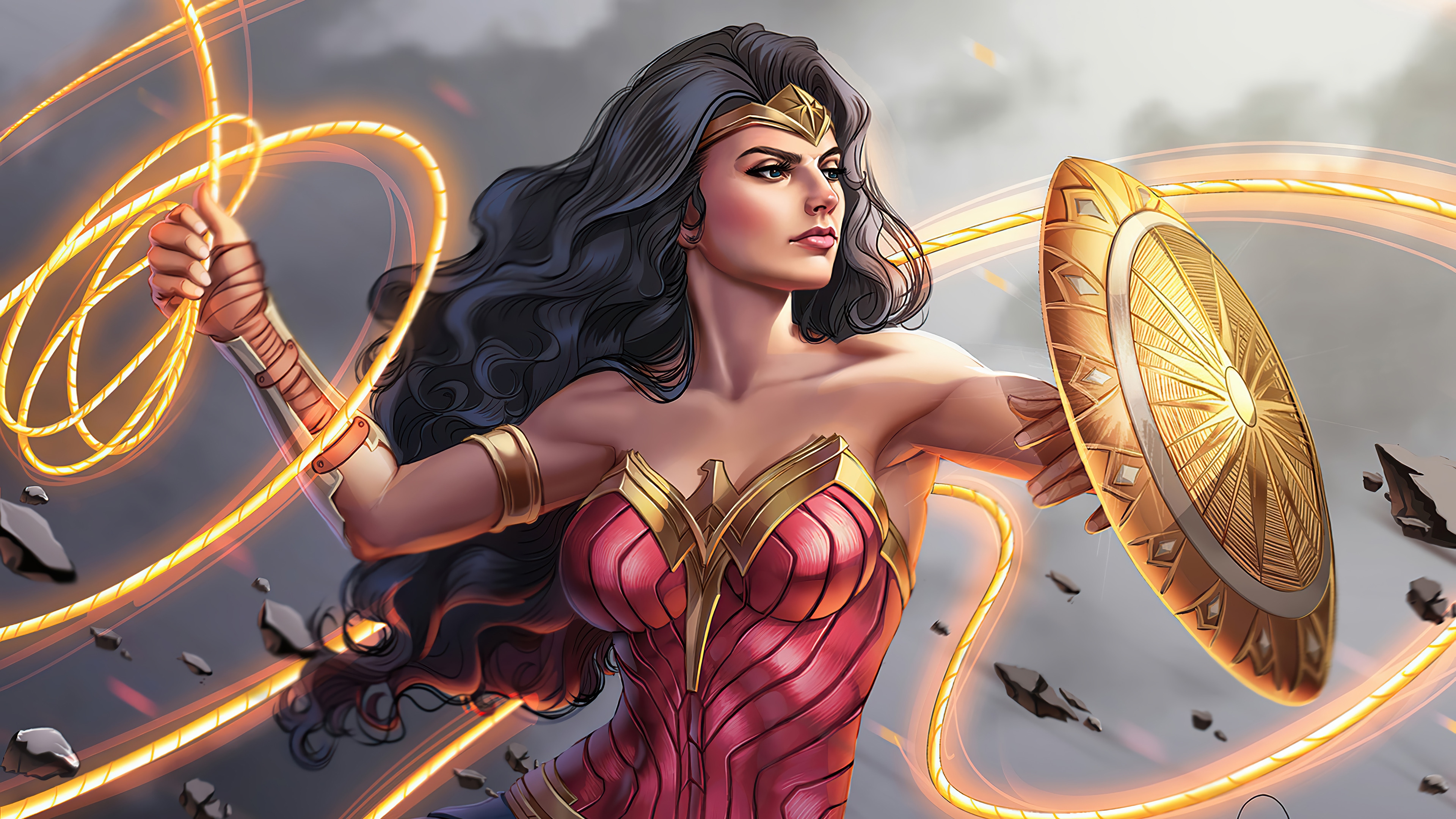 Wonder Woman with Lasso and Shield 4K HD Wallpaper