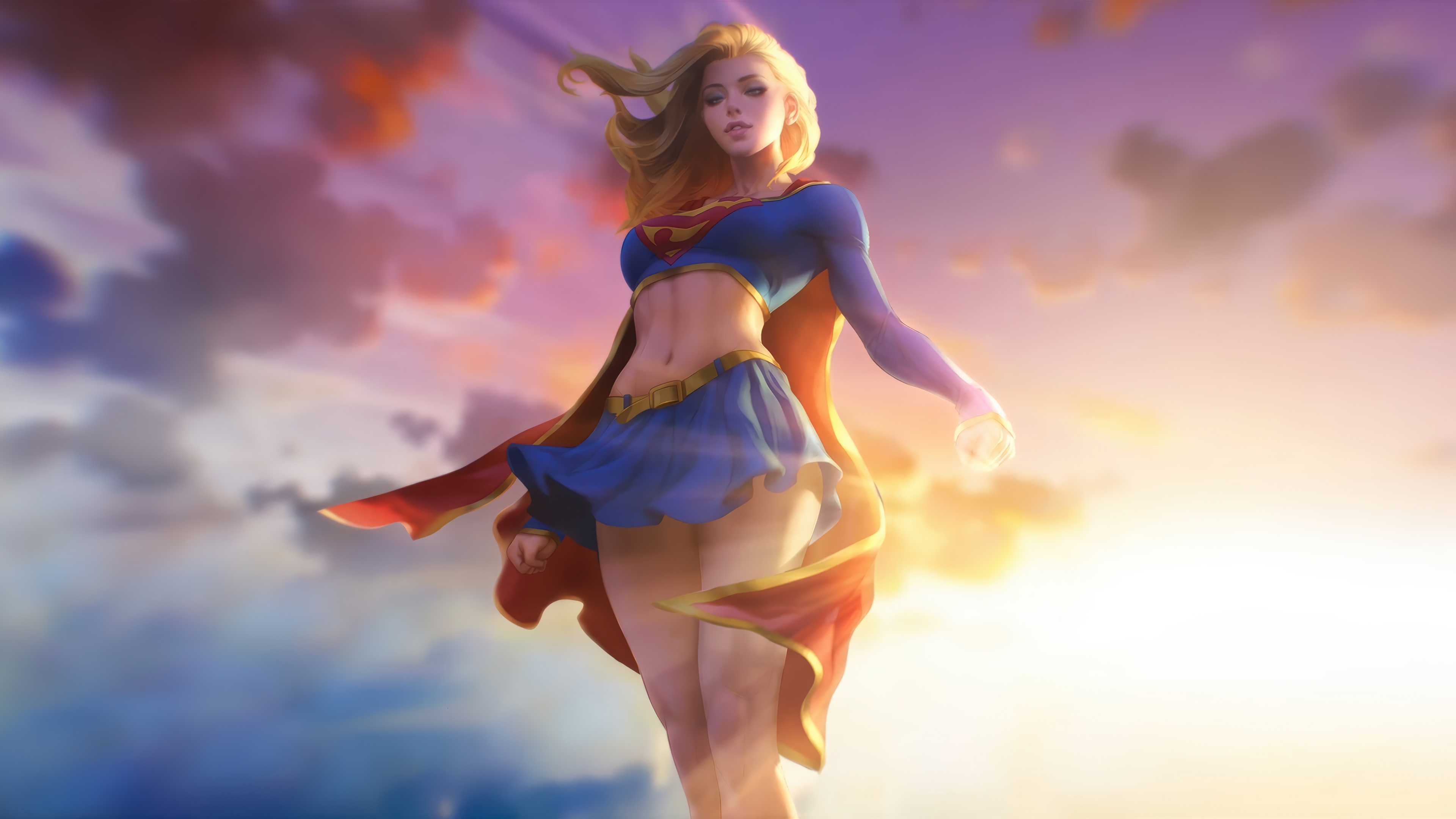 Supergirl flying in the sky at sunset 4K HD Wallpaper