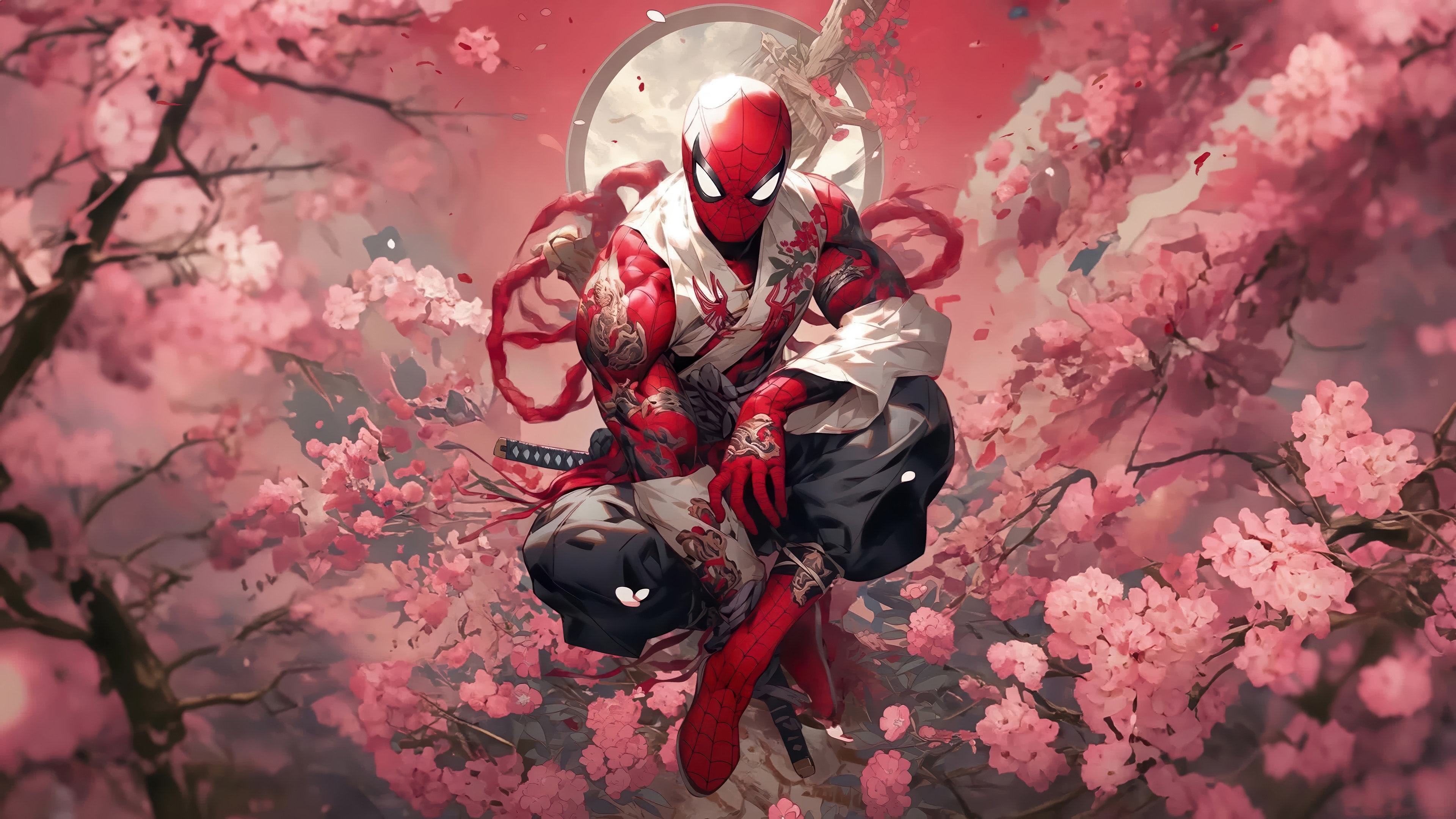 Spider-Man in a Japanese Garden with Cherry Blossoms 4K HD Wallpaper