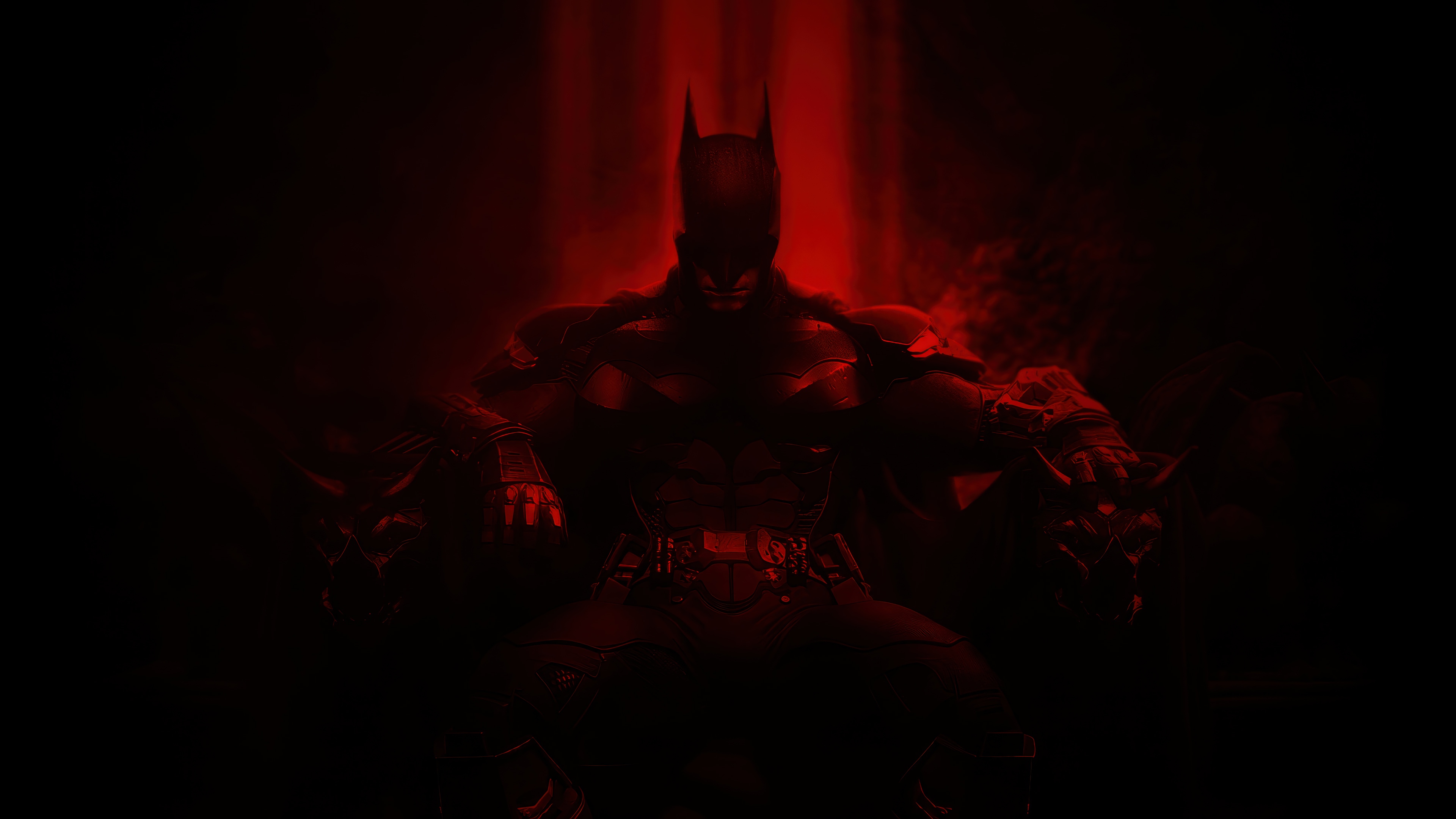 Batman sitting on a throne in red light 4K HD Wallpaper