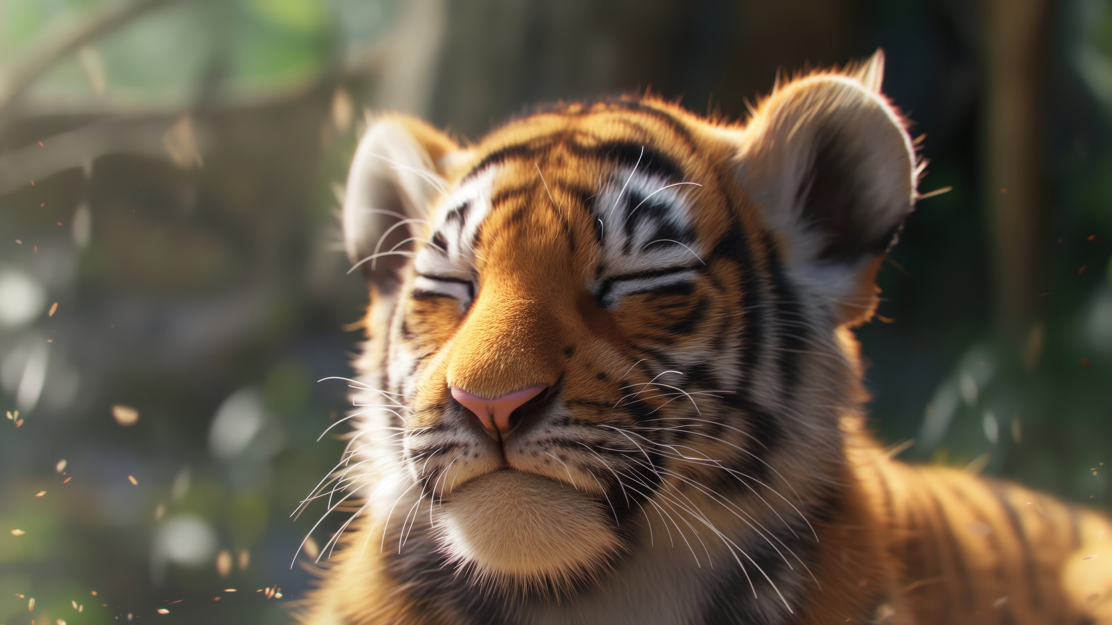 Tiger cub with eyes closed in sunlight HD Wallpaper