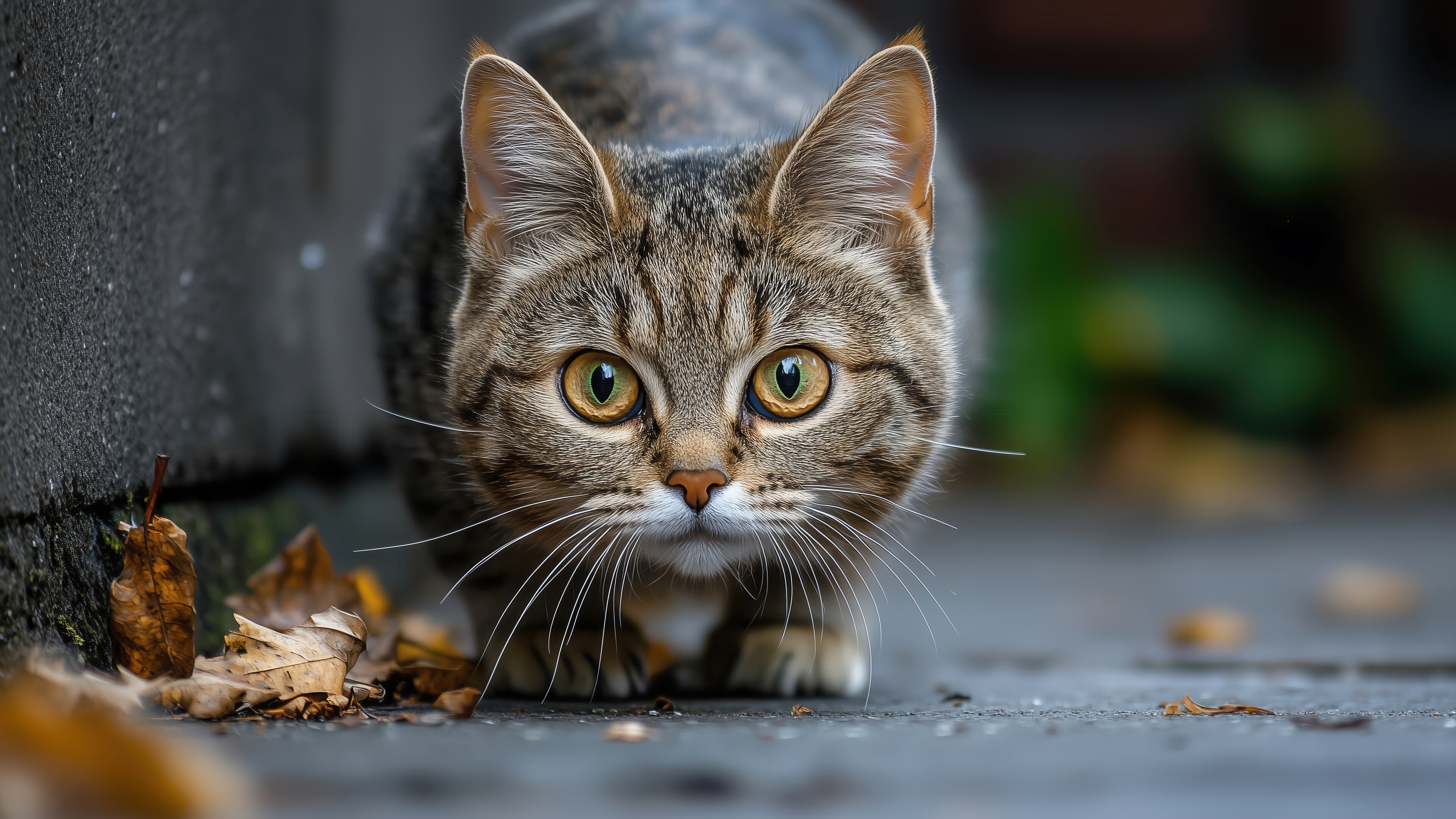 Tabby Cat Crouching on Pavement with Autumn Leaves HD Wallpaper
