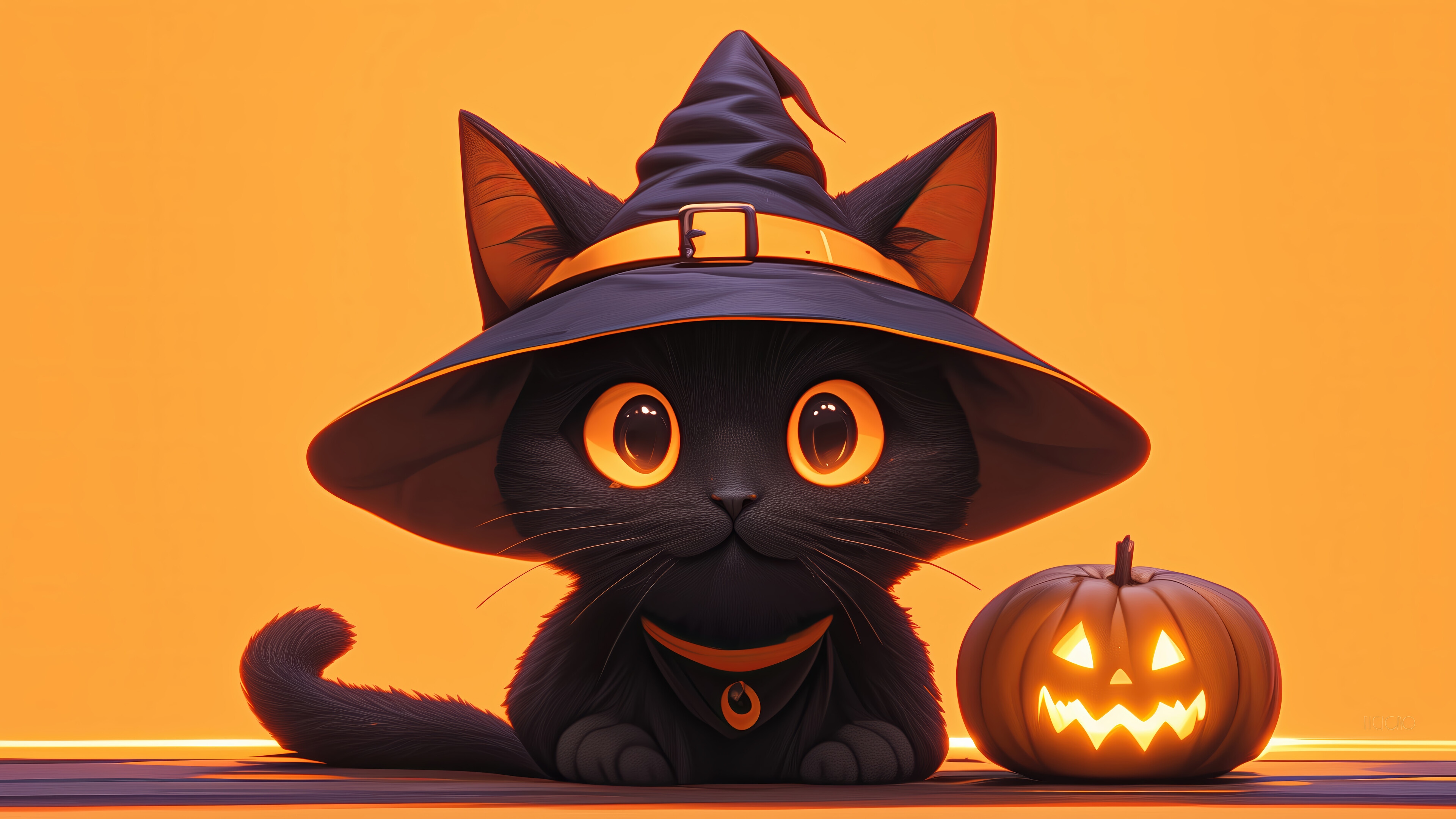 Black Cat in Witch Hat with Pumpkin 4K HD Wallpaper