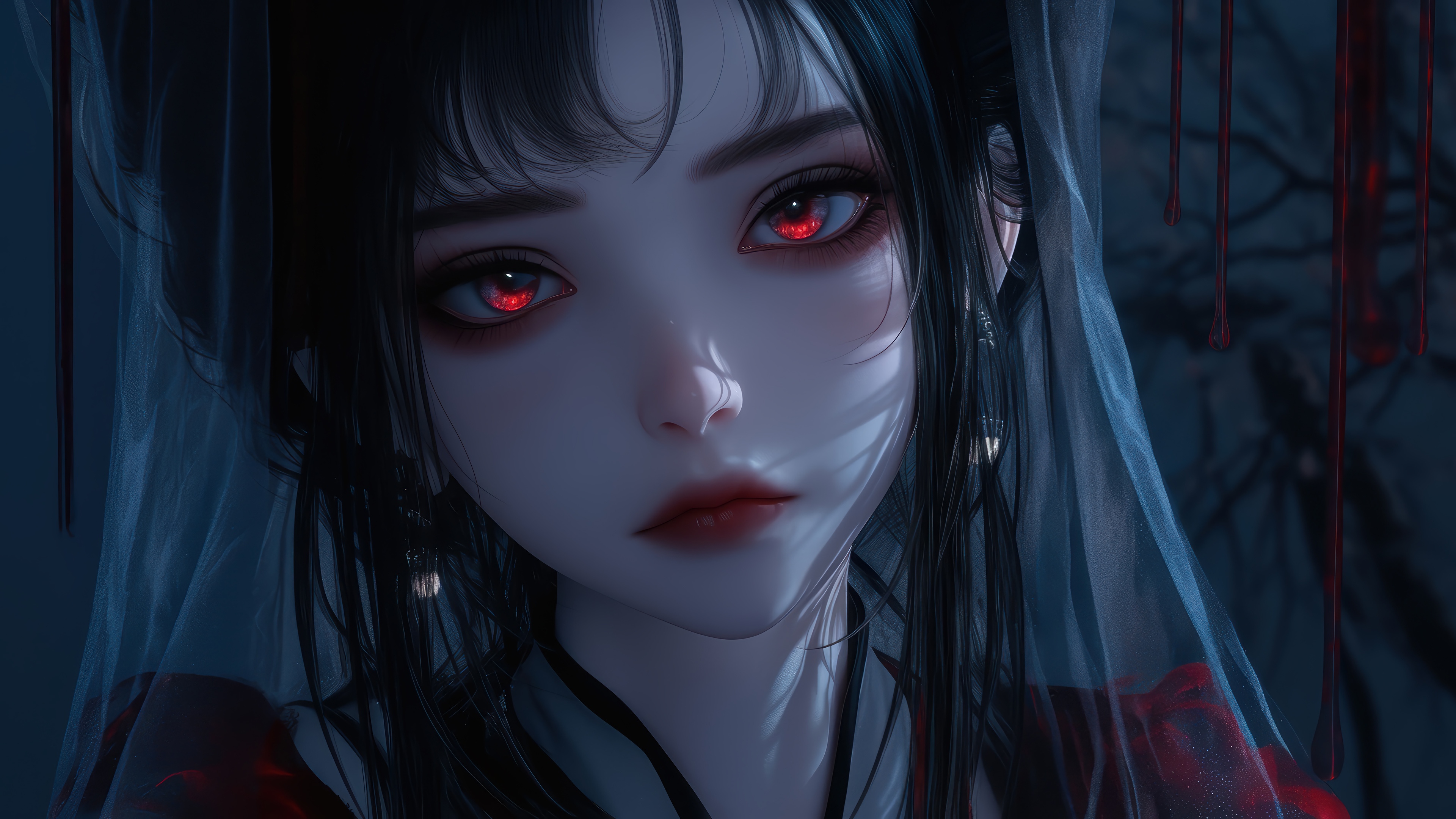 Anime Girl with Red Eyes in Fantasy Setting 4K HD Wallpaper