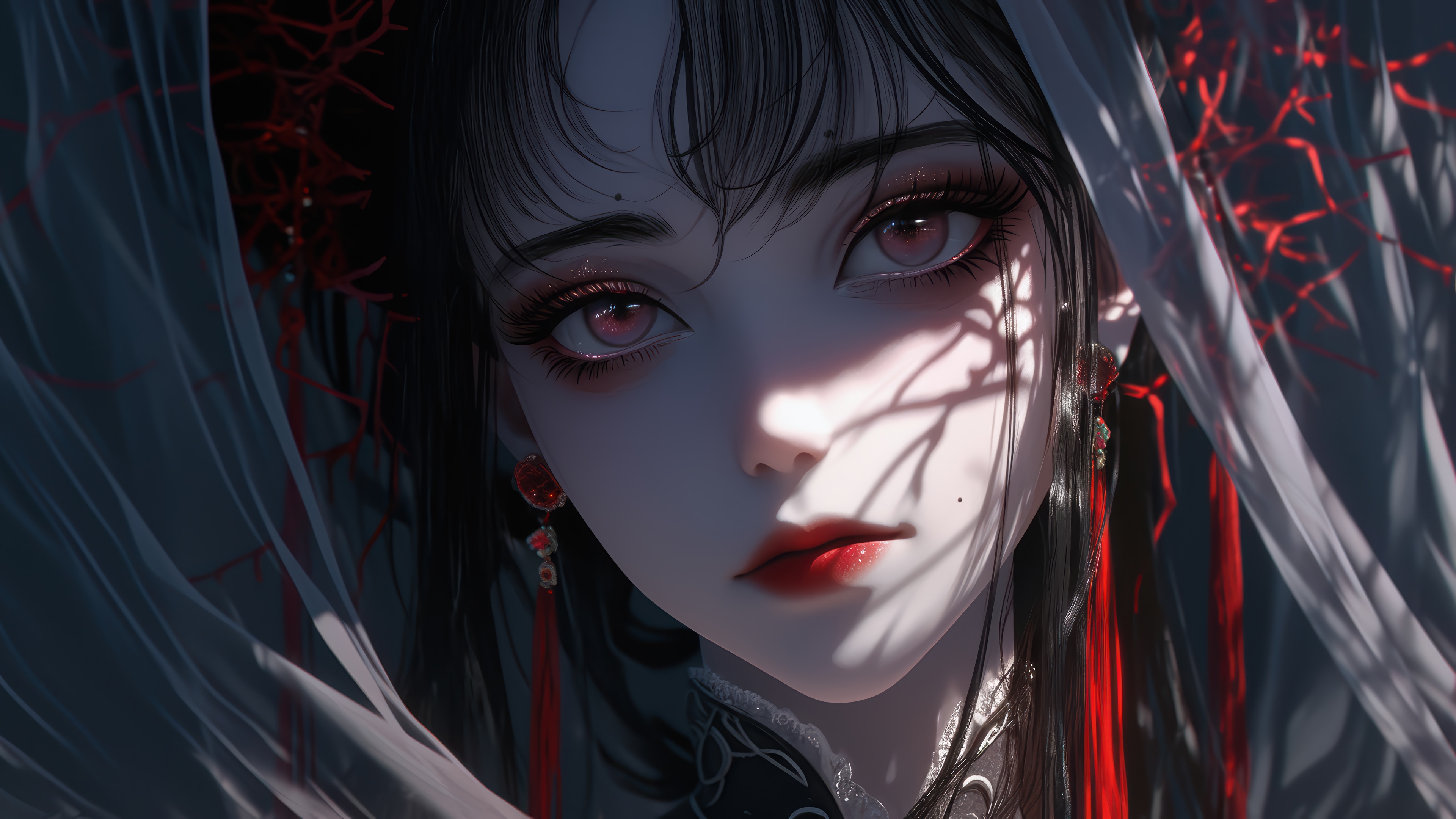Anime Girl with Red Accents and Veil 4K HD Wallpaper