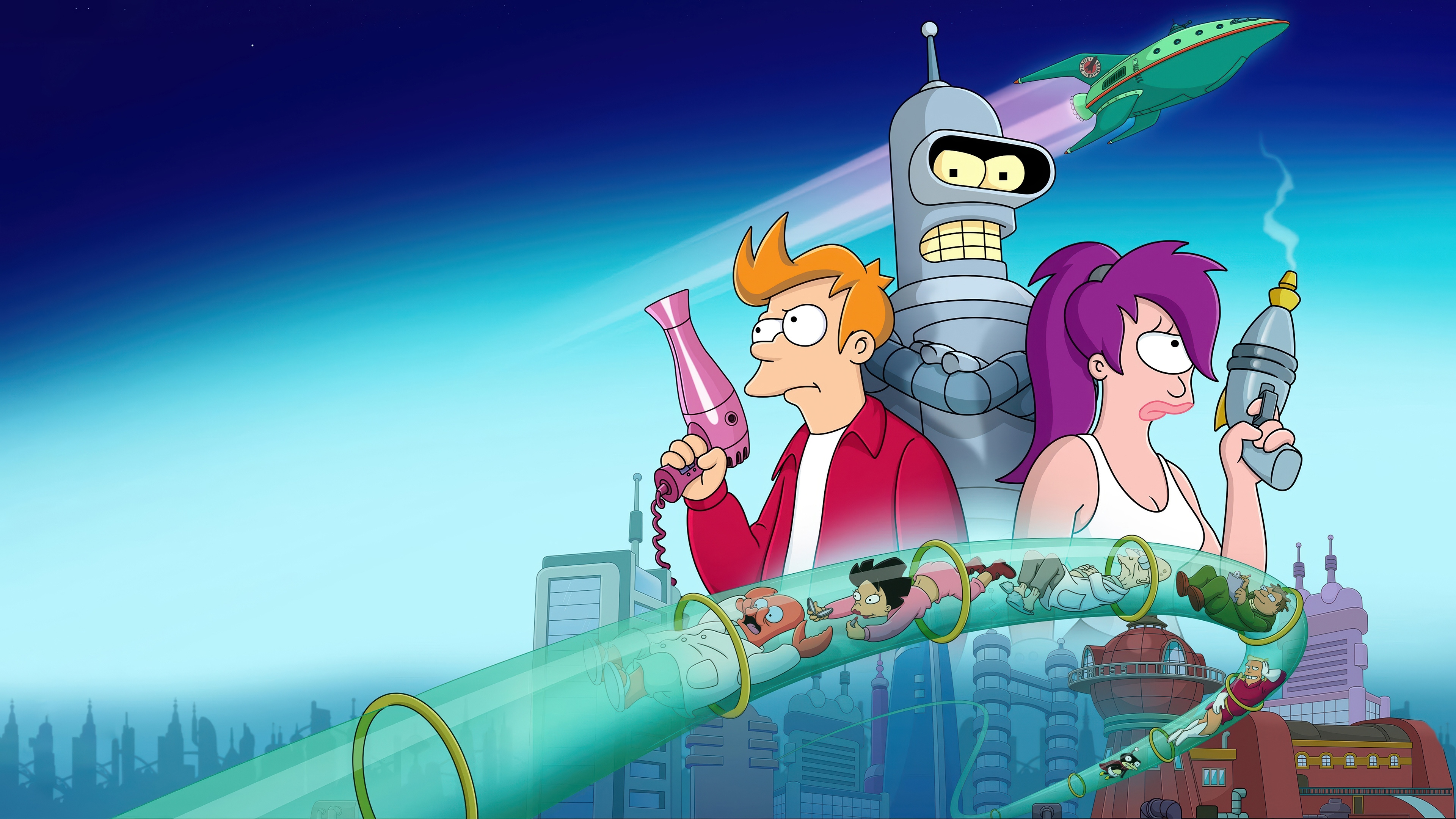 Futurama: Fry, Leela, Bender, and Spaceship 4K HD Wallpaper