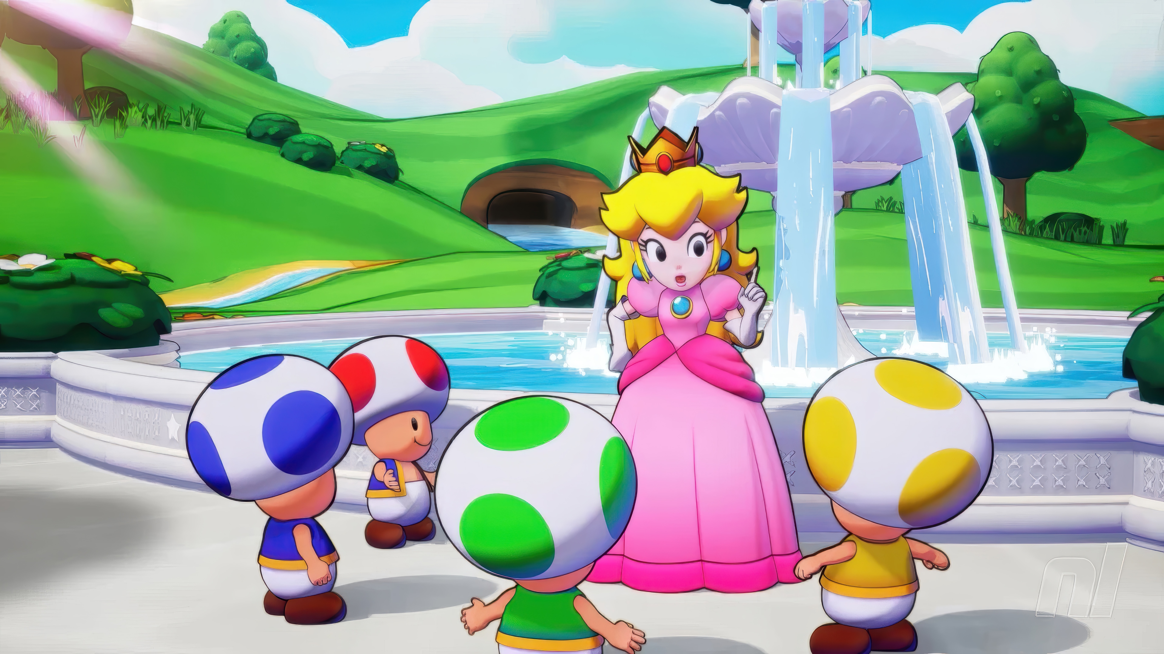 Princess Peach and Toads in a Fountain Garden HD Wallpaper