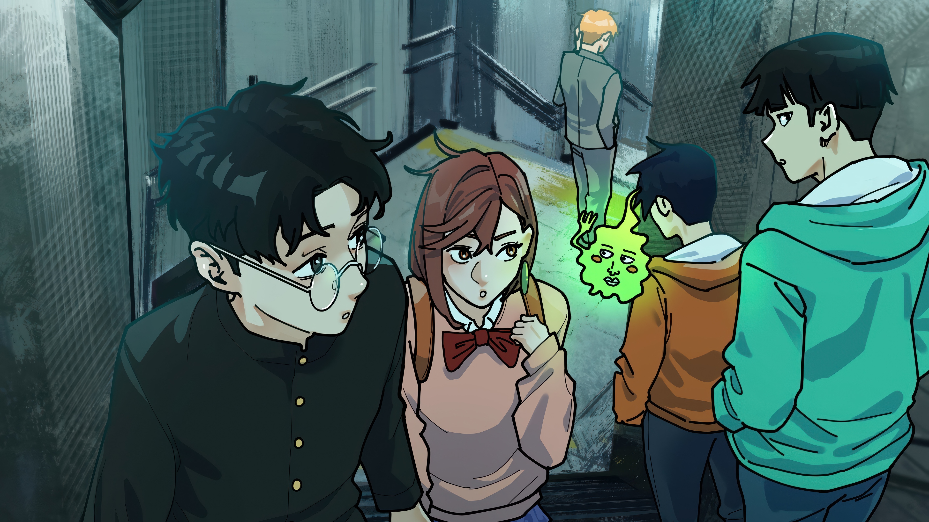 Dandadan Anime Characters in Stairwell HD Wallpaper