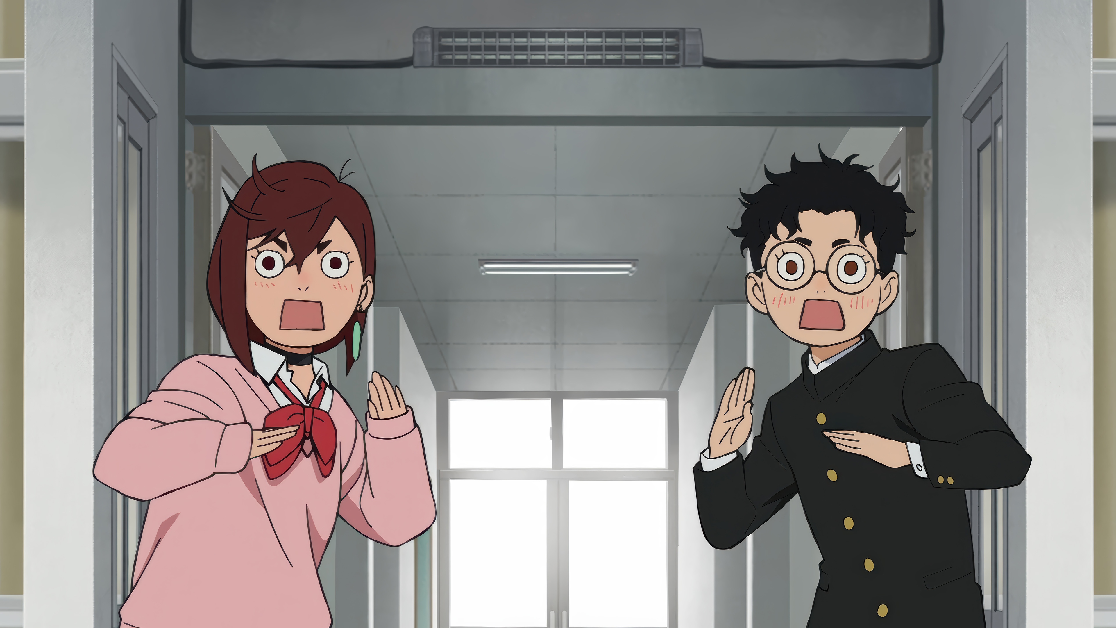 Dandadan: Momo Ayase and Okarun in Hallway HD Wallpaper