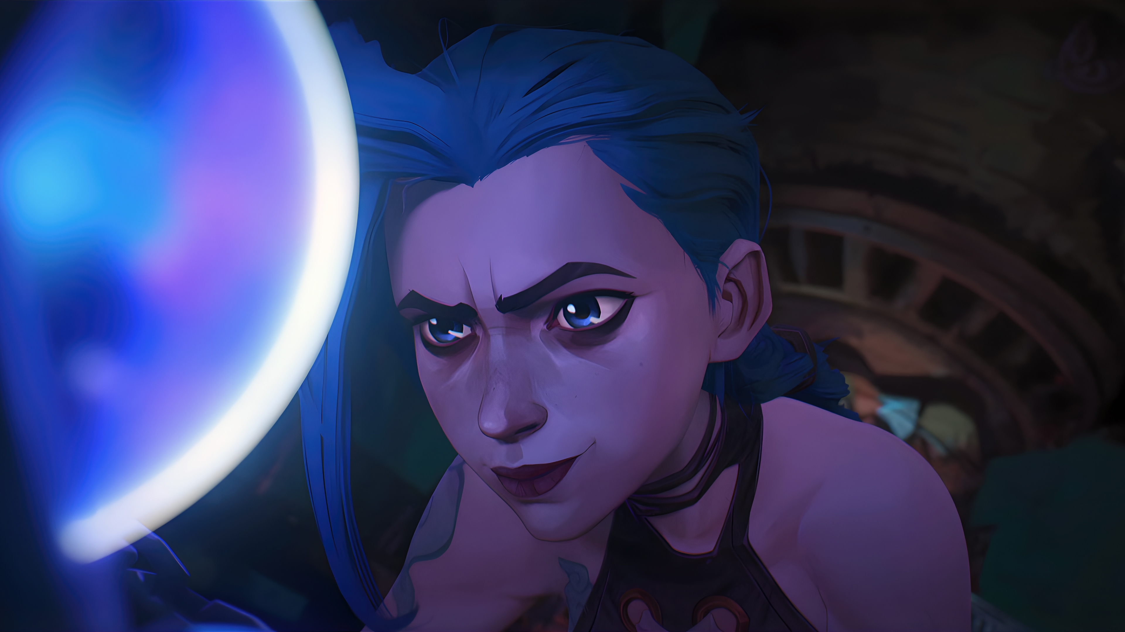 Jinx from Arcane looking at a glowing orb HD Wallpaper