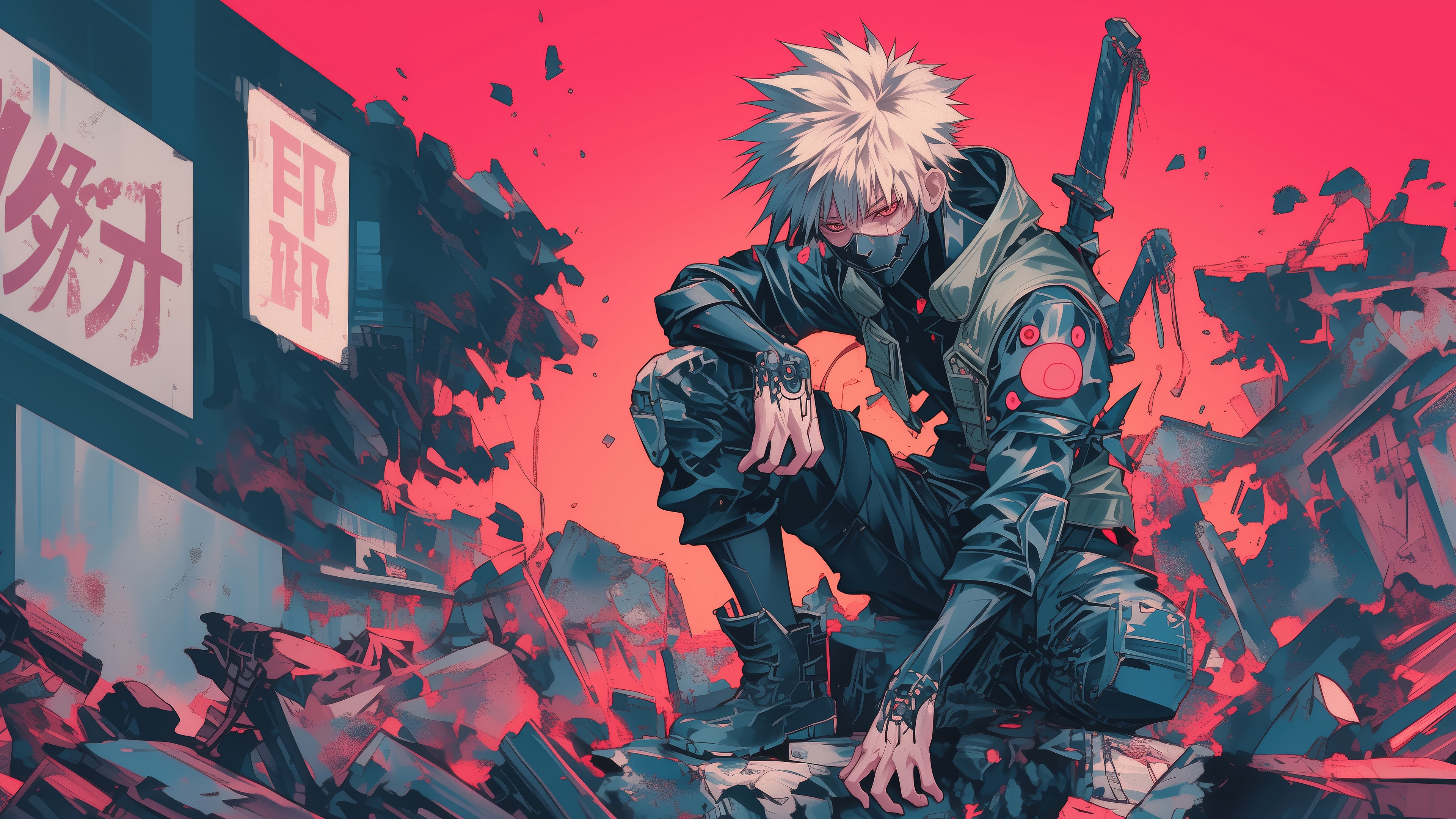 Cyberpunk Kakashi Hatake in a destroyed city 4K HD Wallpaper