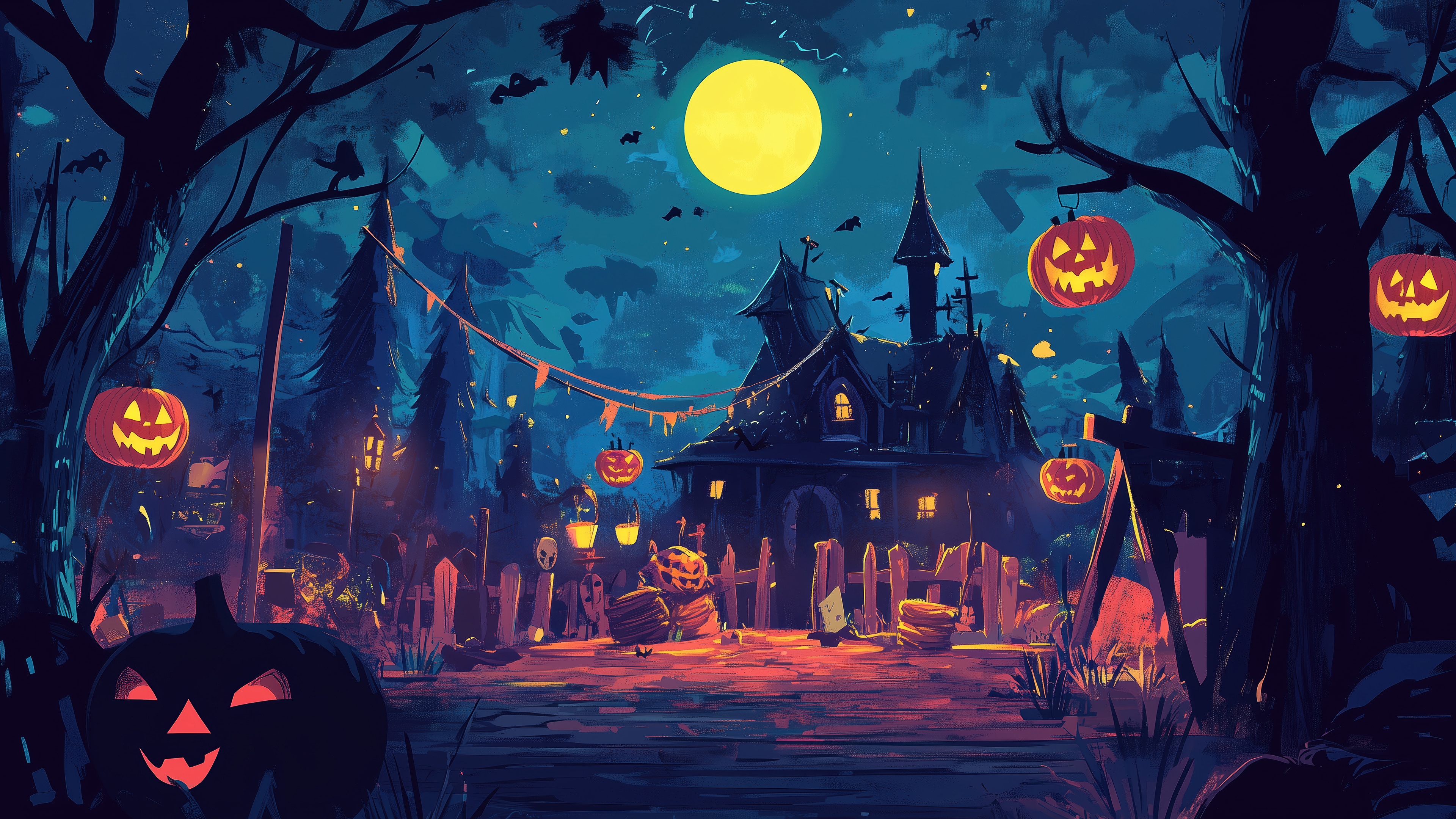 Halloween Night with Pumpkins and a Haunted House 4K HD Wallpaper