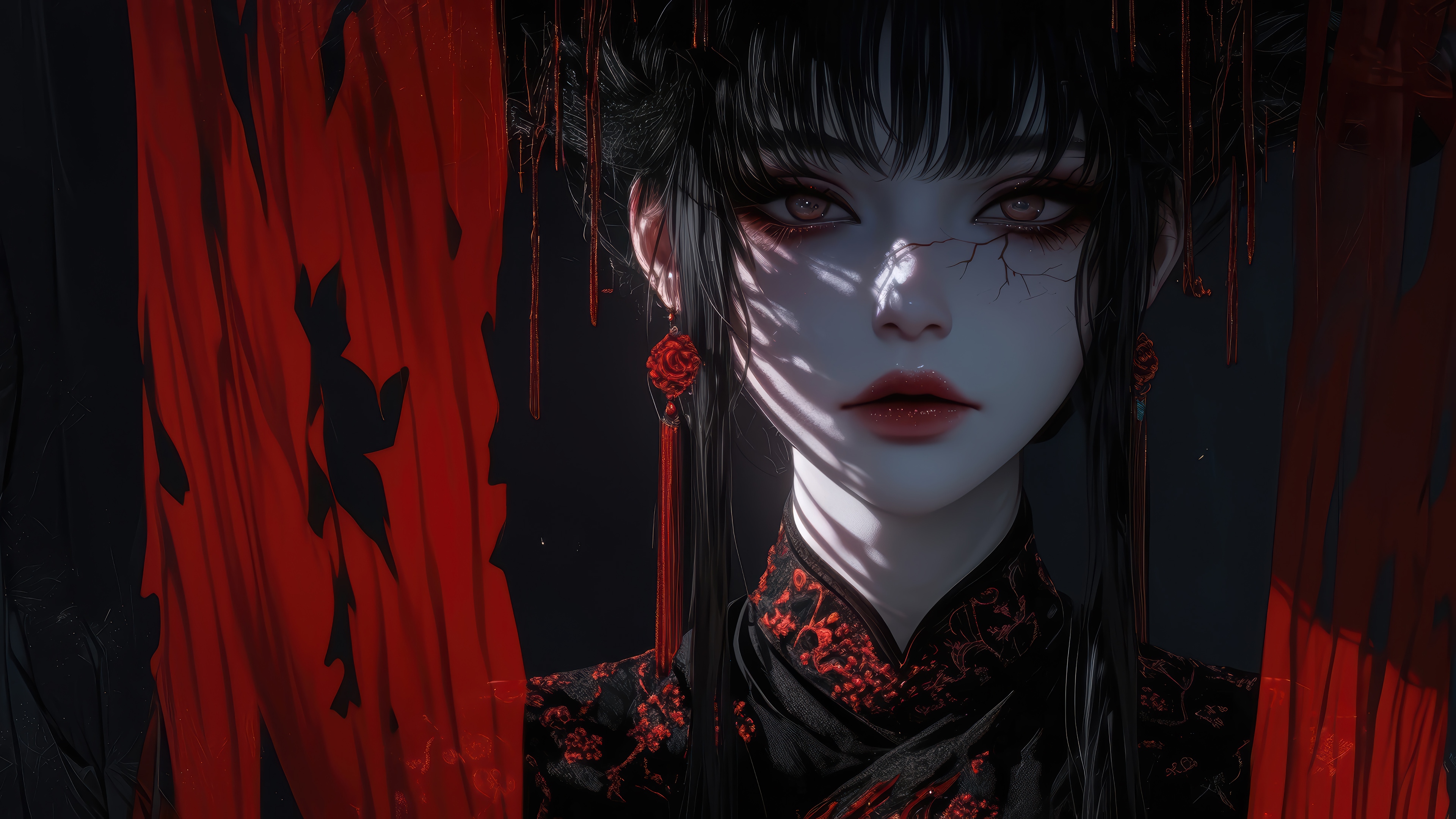 Fantasy Asian Girl in Black and Red HD Wallpaper