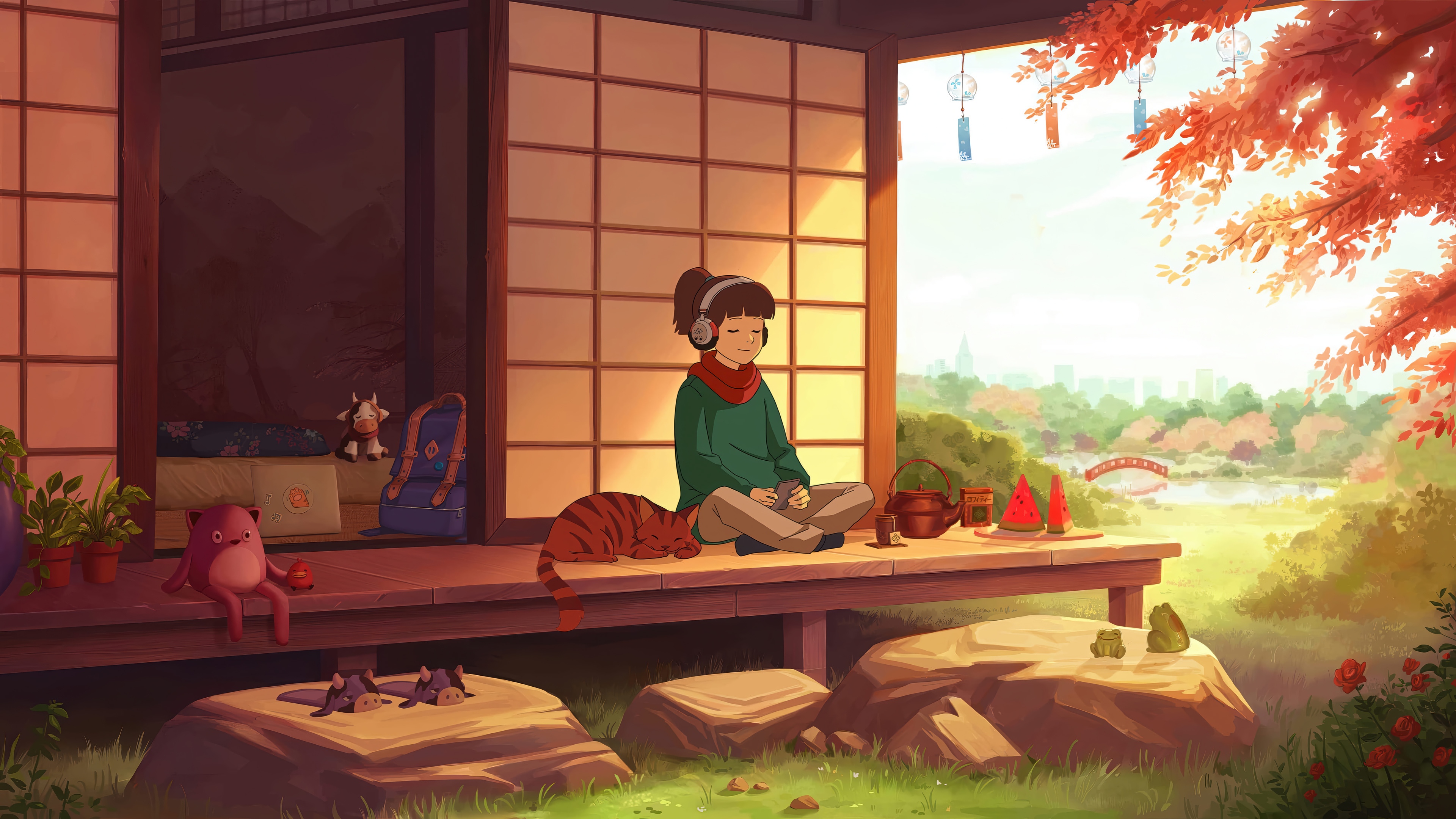 Anime Girl Meditating with Cat in Japanese Garden 4K HD Wallpaper