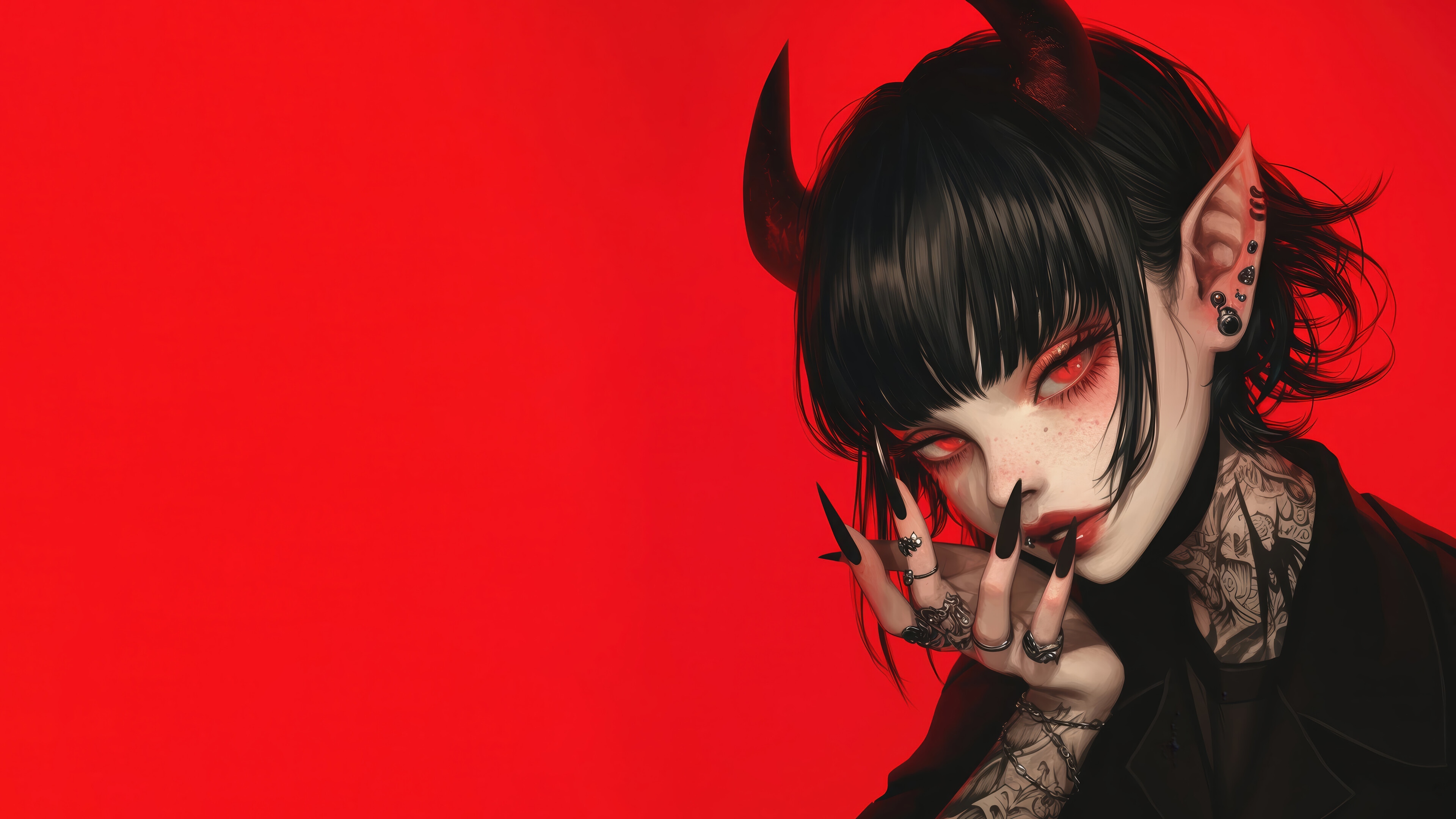 Anime Demon Girl with Red Eyes and Horns 4K HD Wallpaper