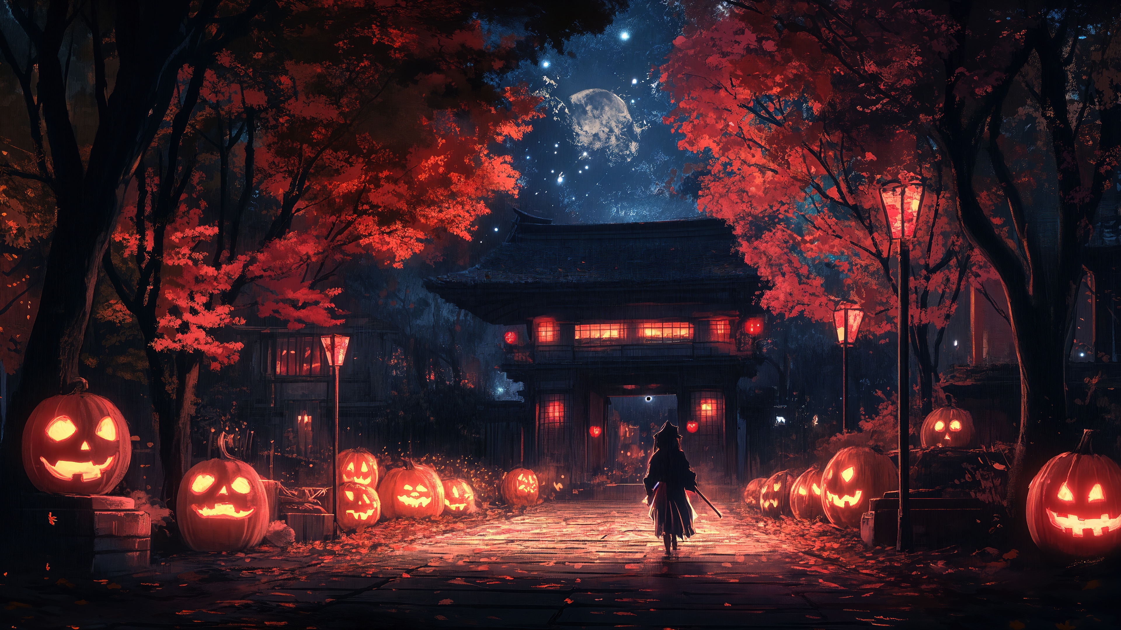 Halloween Night with Jack-o'-lanterns and a Samurai HD Wallpaper