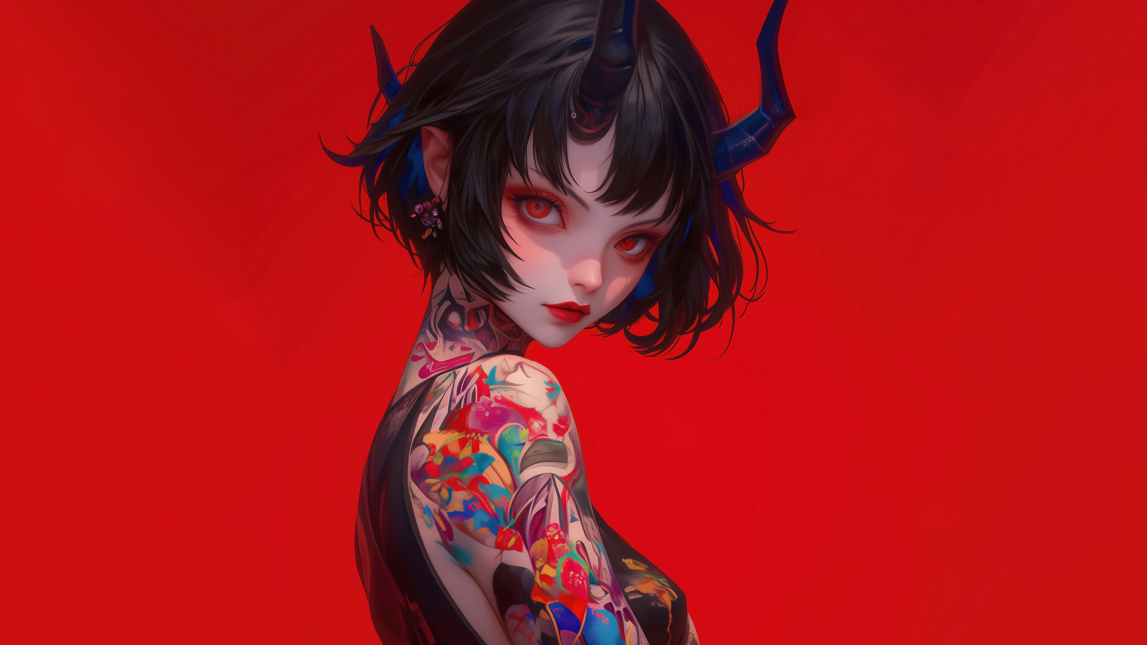 Anime Demon Girl with Horns and Tattoos 4K HD Wallpaper