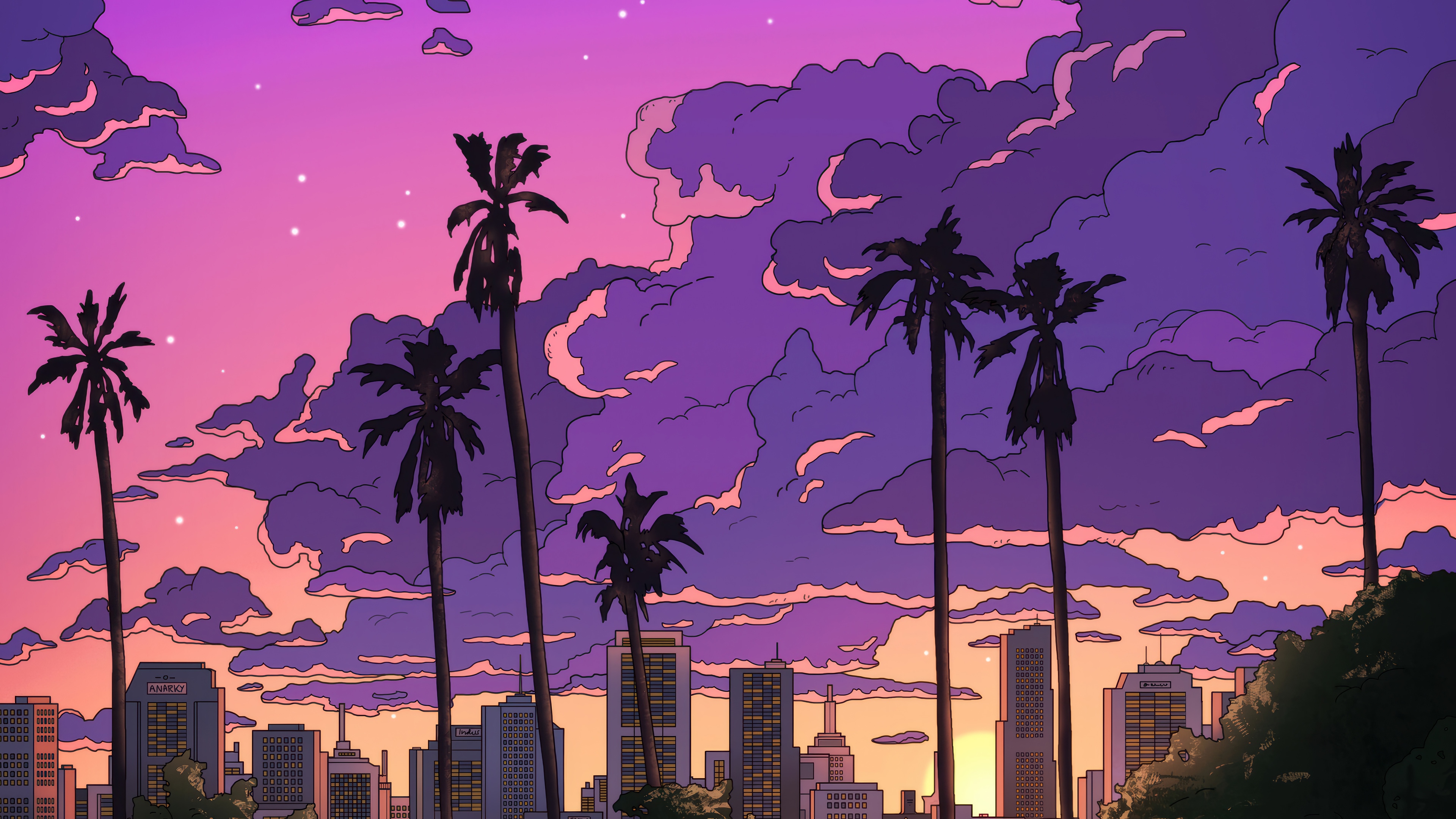 Palm Trees and City Skyline at Sunset 4K HD Wallpaper