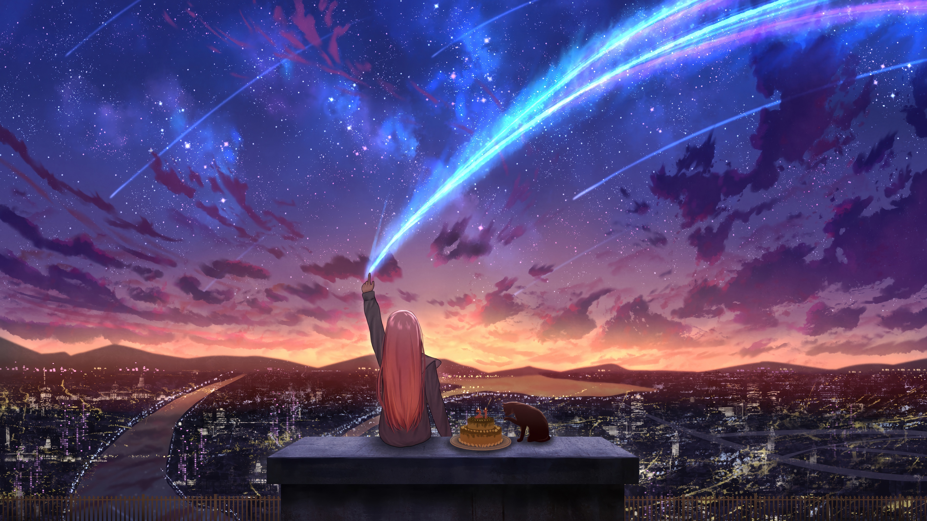 Anime girl reaching for a comet during sunset 4K HD Wallpaper