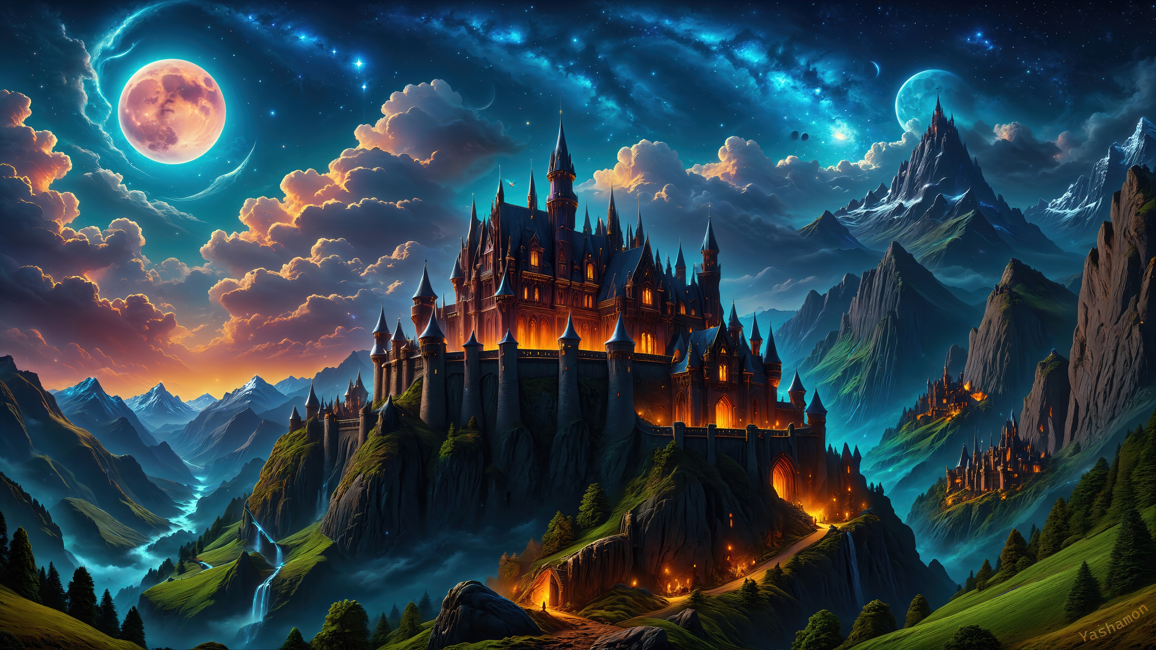 Fantasy Castle on a Mountain Under a Full Moon HD Wallpaper