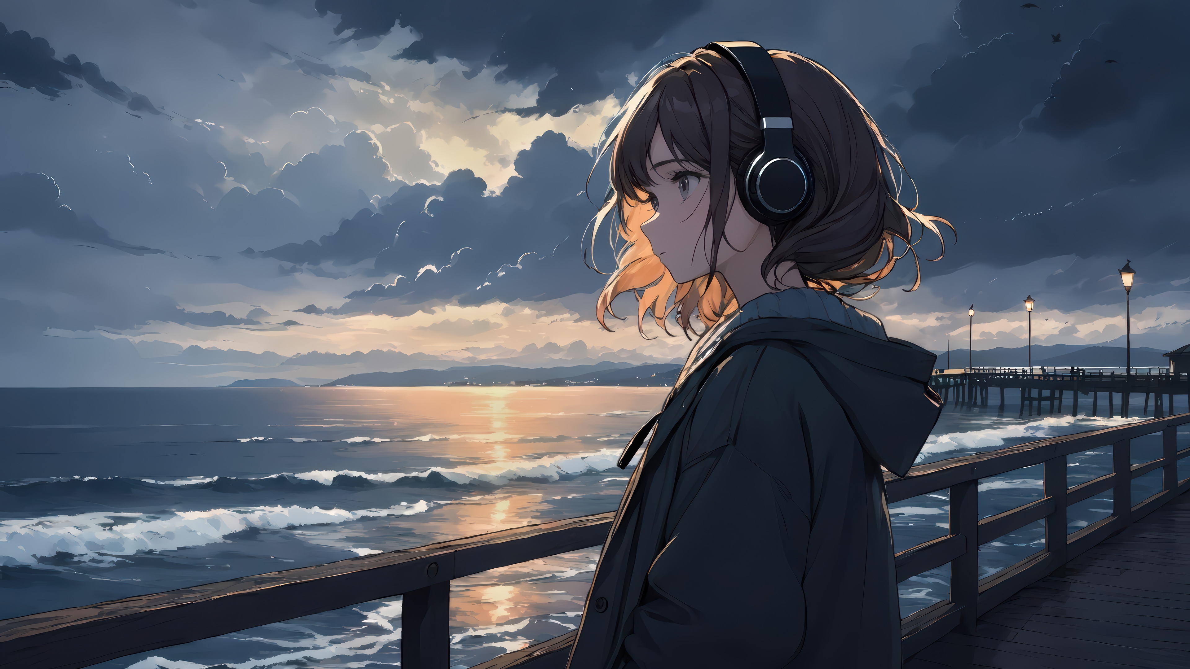 Anime Girl with Headphones on a Pier at Sunset 4K HD Wallpaper