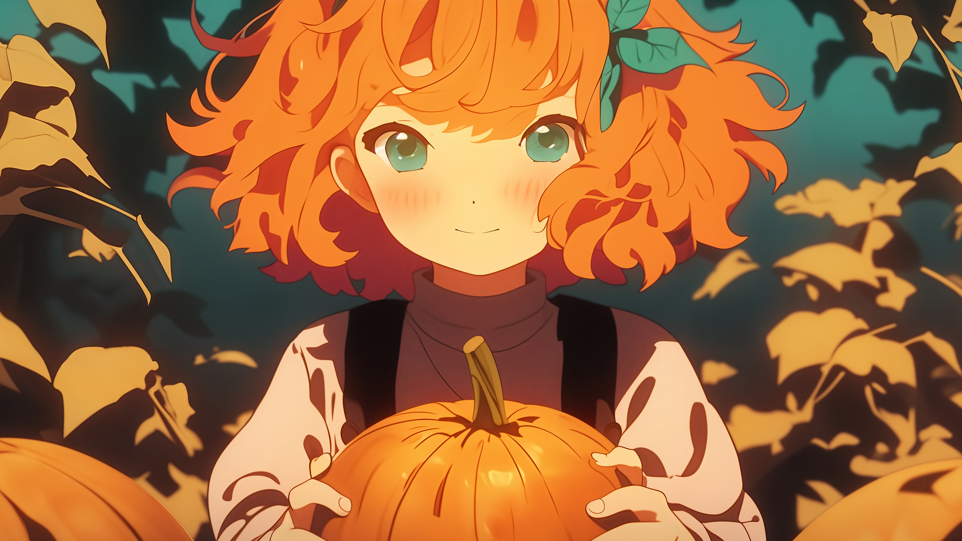 Anime Girl Holding a Pumpkin for Halloween 4K HD Wallpaper