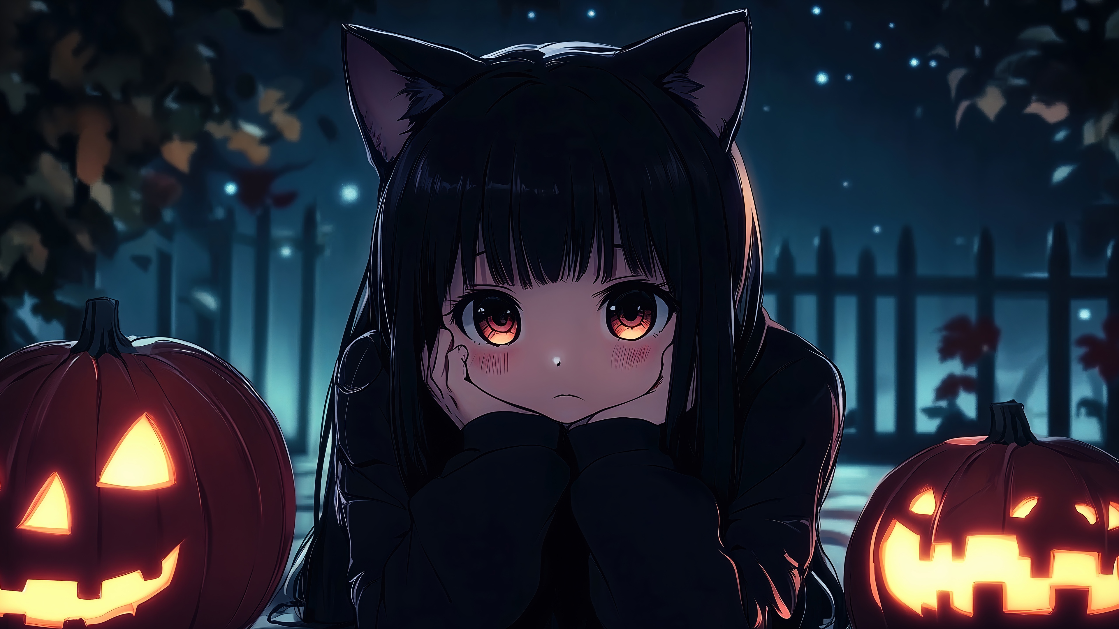 Anime Girl with Cat Ears and Pumpkins for Halloween HD Wallpaper