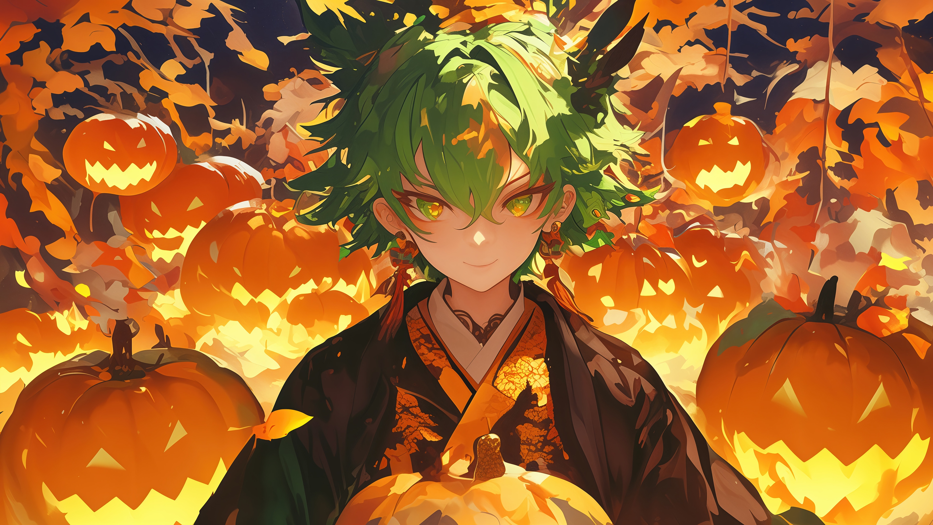 Anime Boy with Green Hair and Pumpkins 4K HD Wallpaper