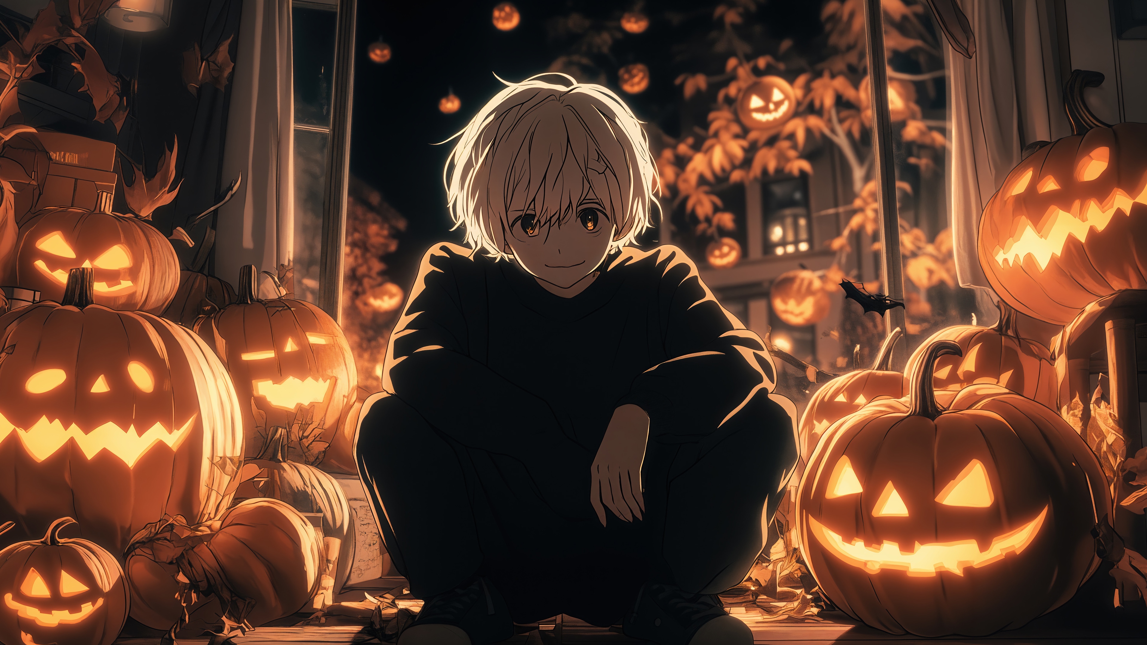 Boy surrounded by Jack-o'-lanterns on Halloween 4K HD Wallpaper
