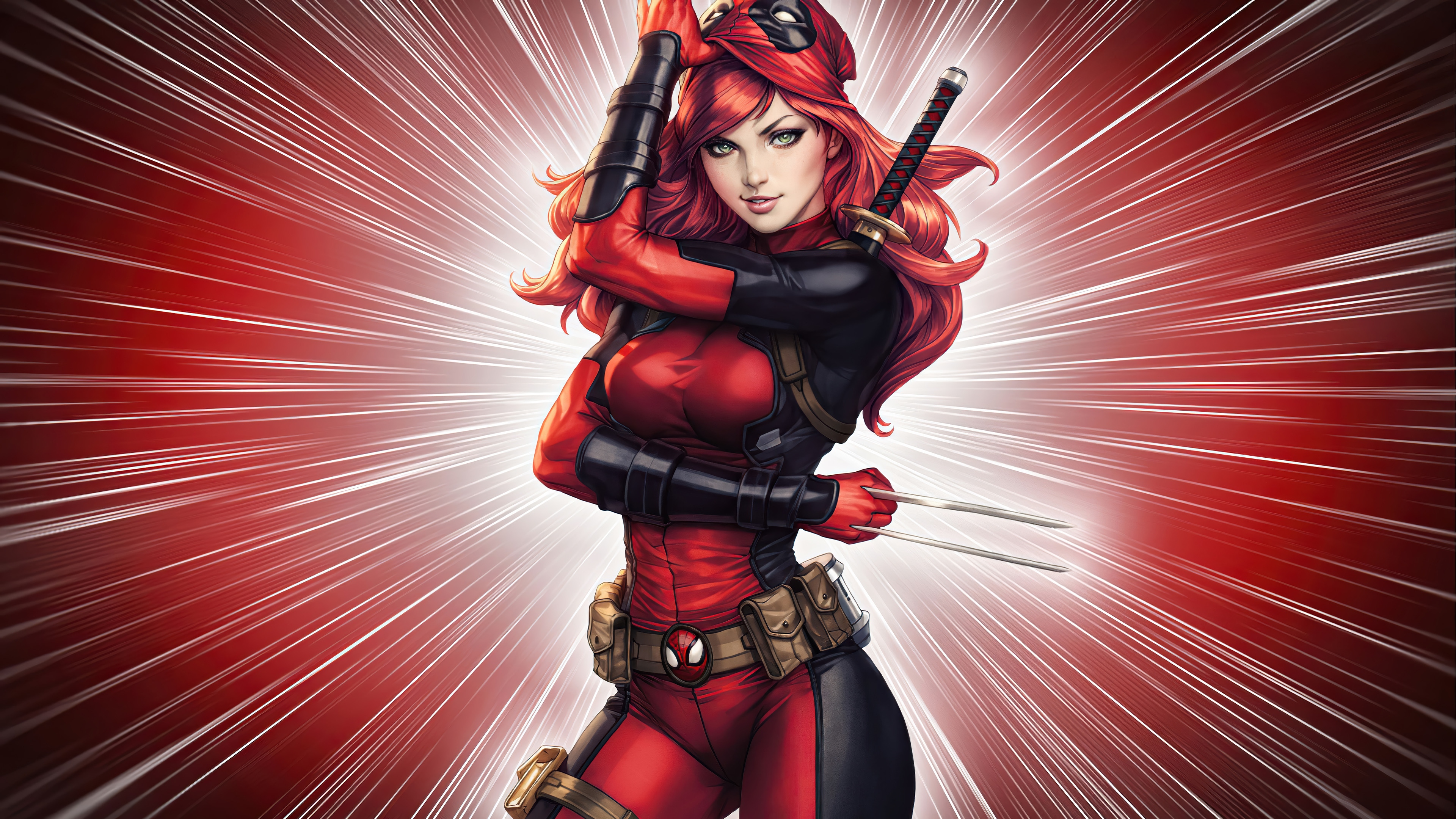 Lady Deadpool in a red and black suit with swords HD Wallpaper