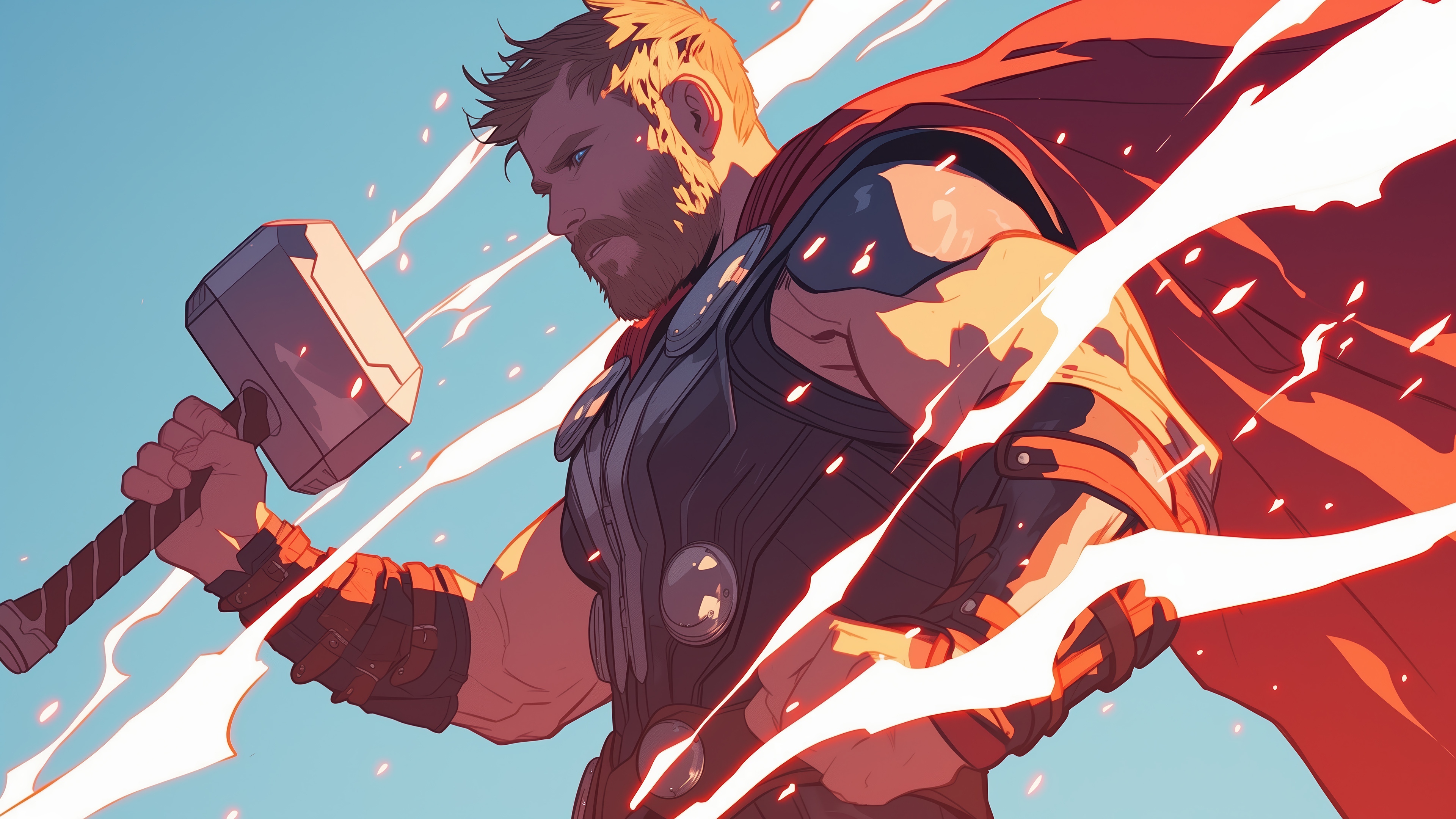 Thor holding Mjolnir with a red cape HD Wallpaper