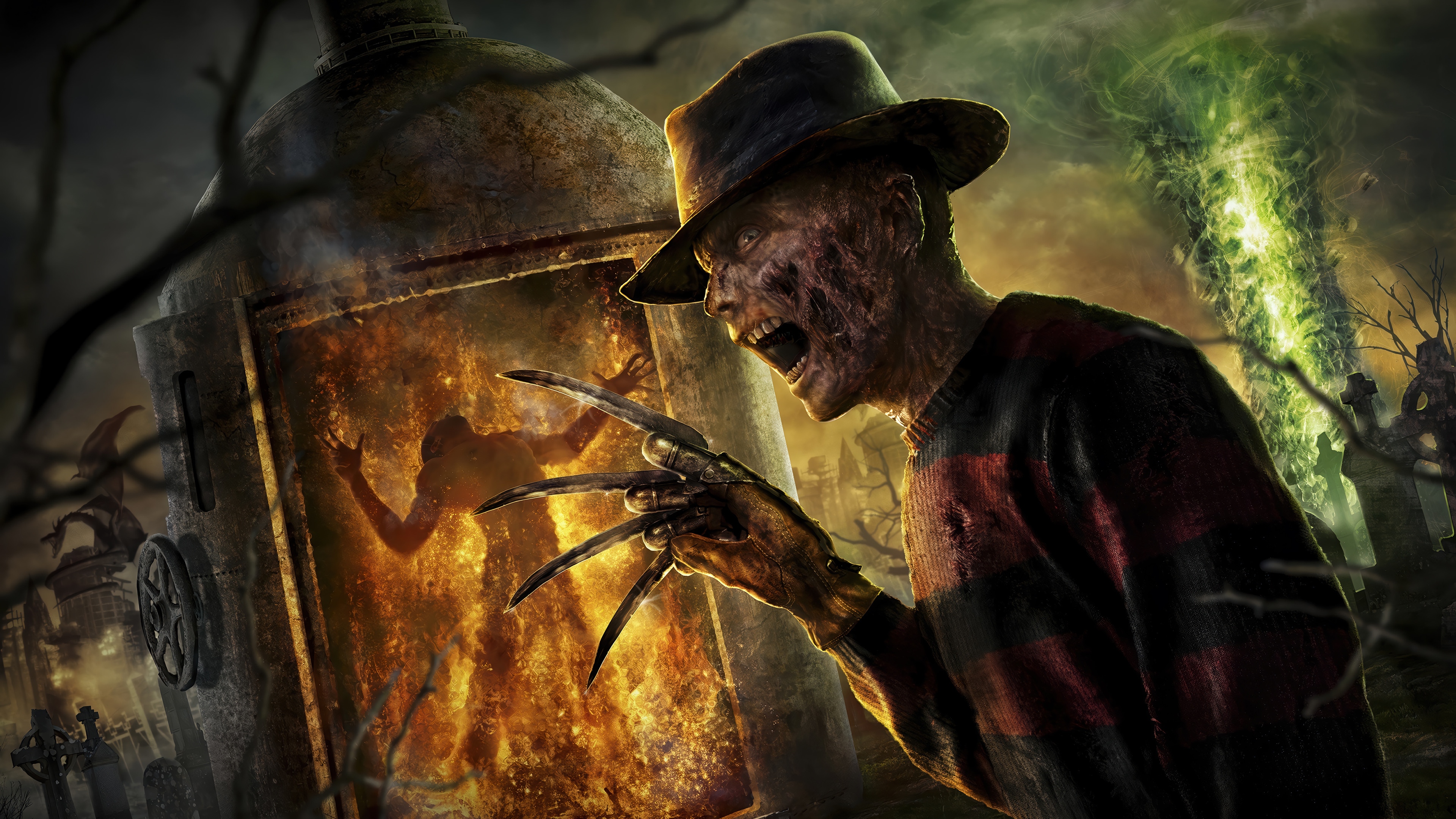 Freddy Krueger in a fiery furnace with a green vortex HD Wallpaper
