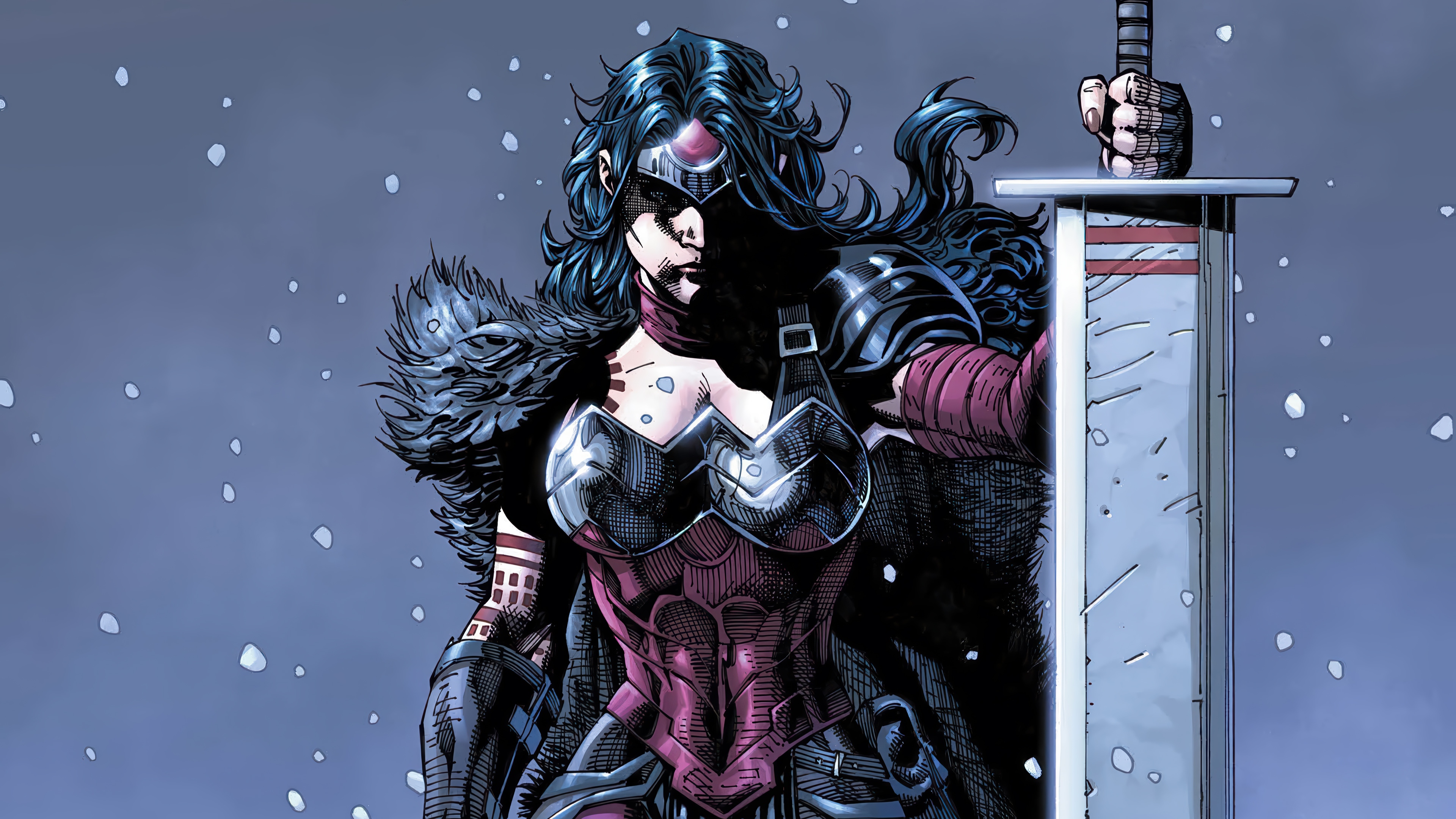 Wonder Woman holding a sword in the snow HD Wallpaper