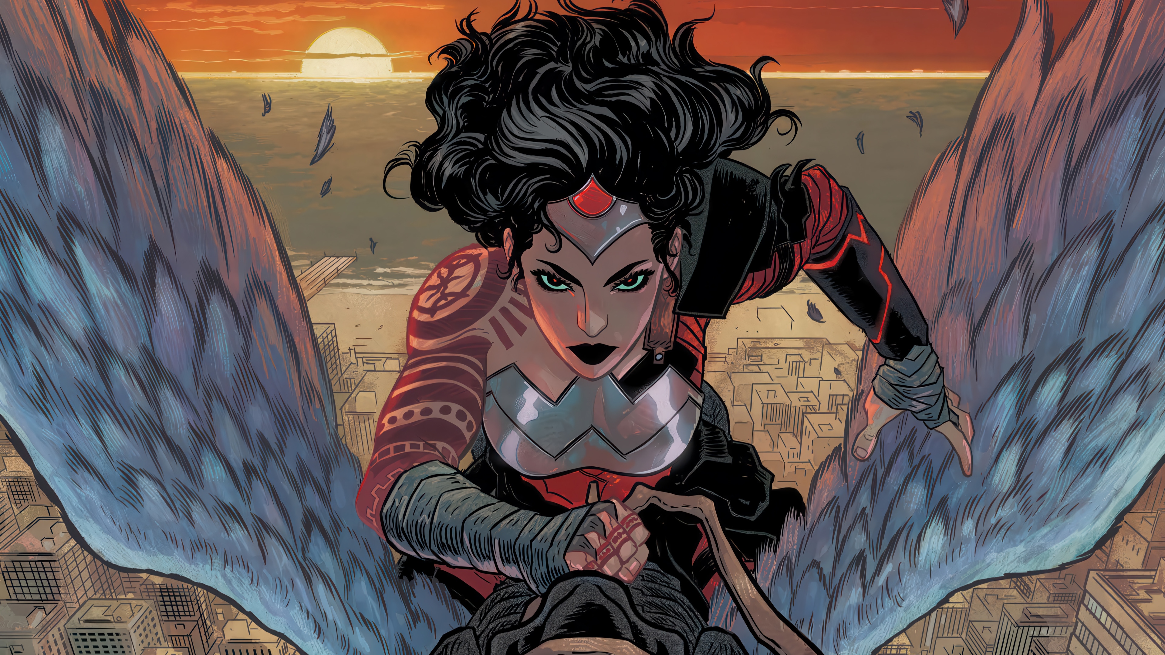 Wonder Woman on Pegasus flying over city at sunset 4K HD Wallpaper