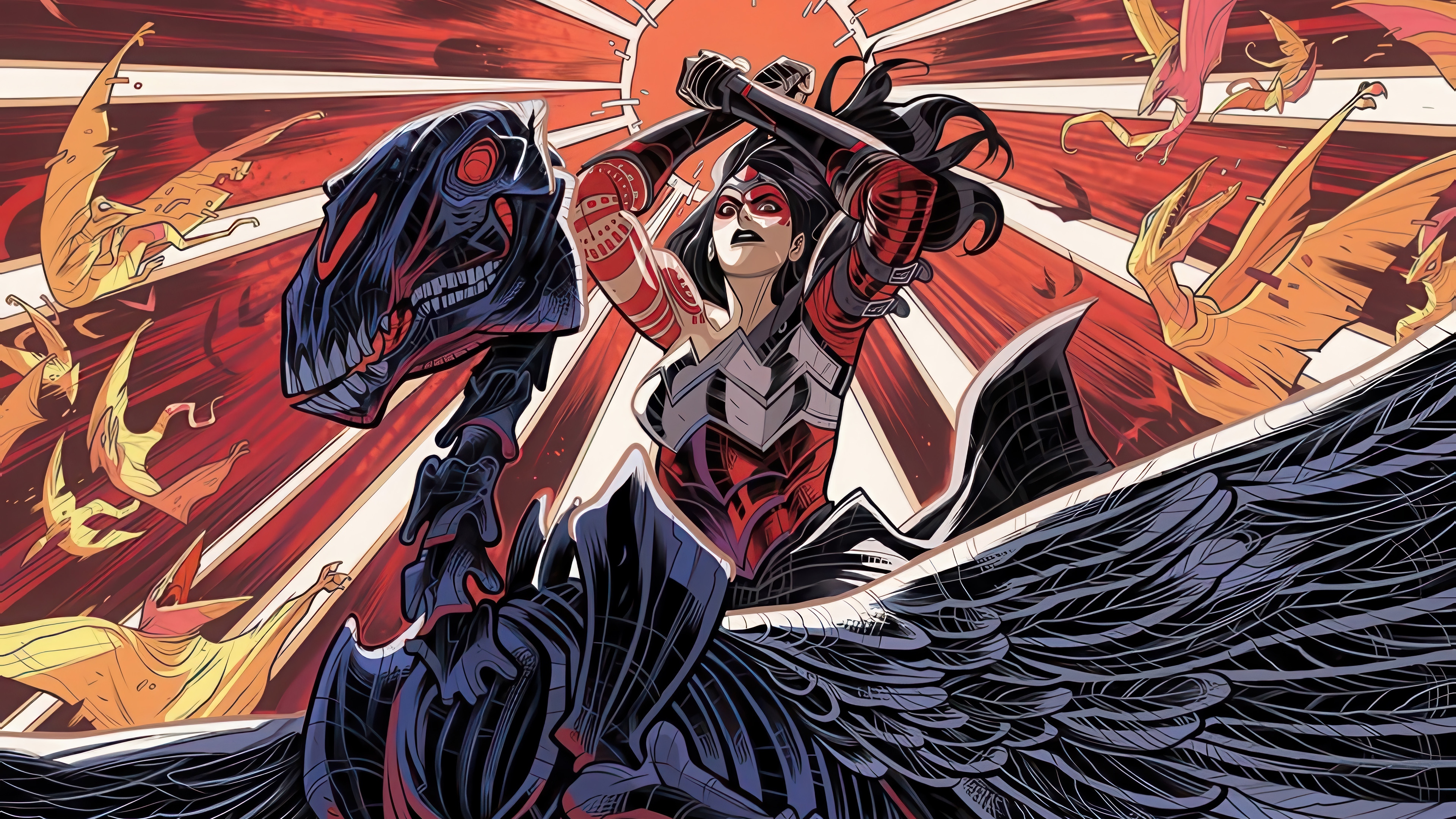 Woman Riding a Dinosaur with Pterodactyls HD Wallpaper