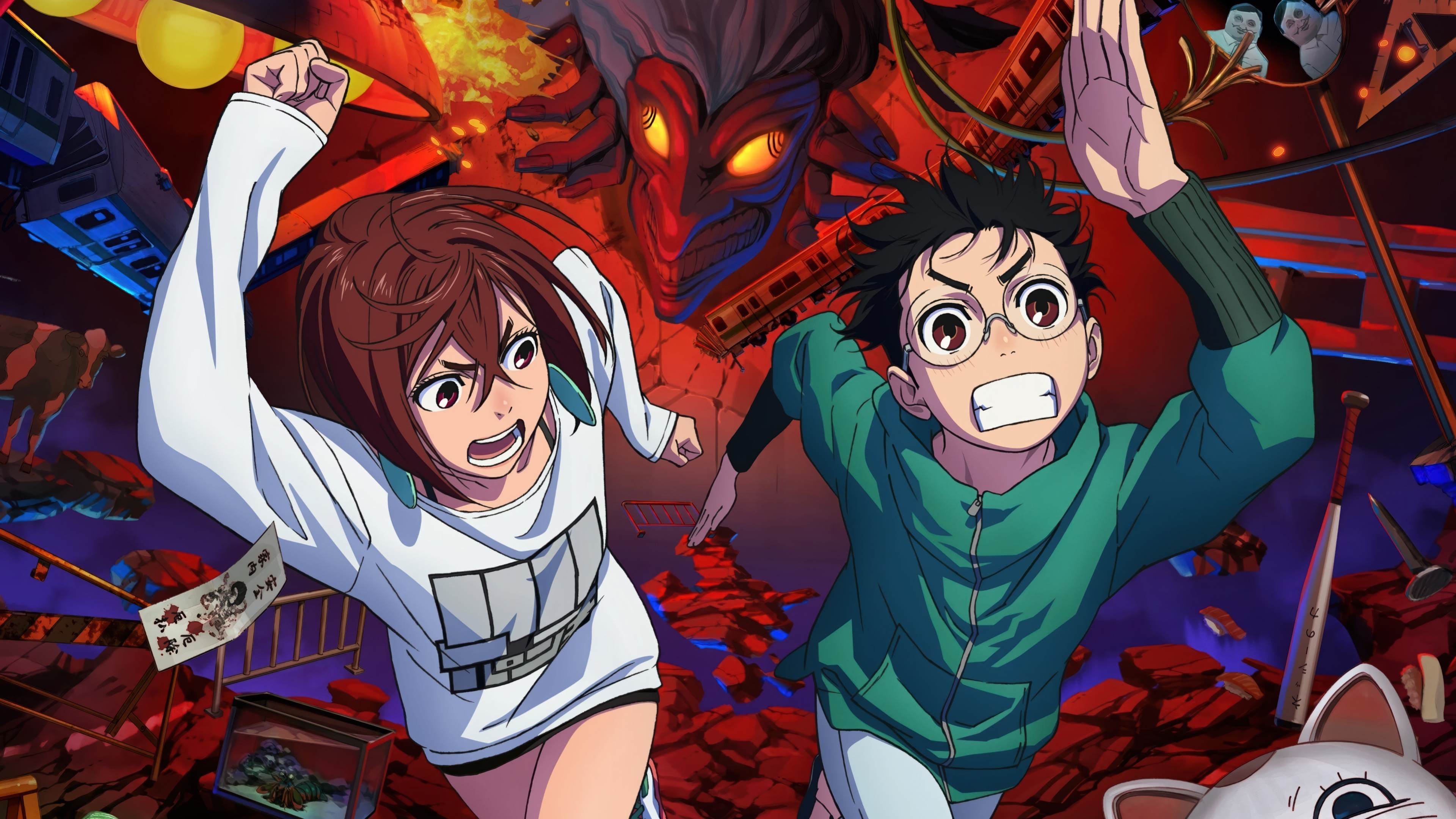 Dandadan: Momo Ayase and Okarun Running from Danger HD Wallpaper