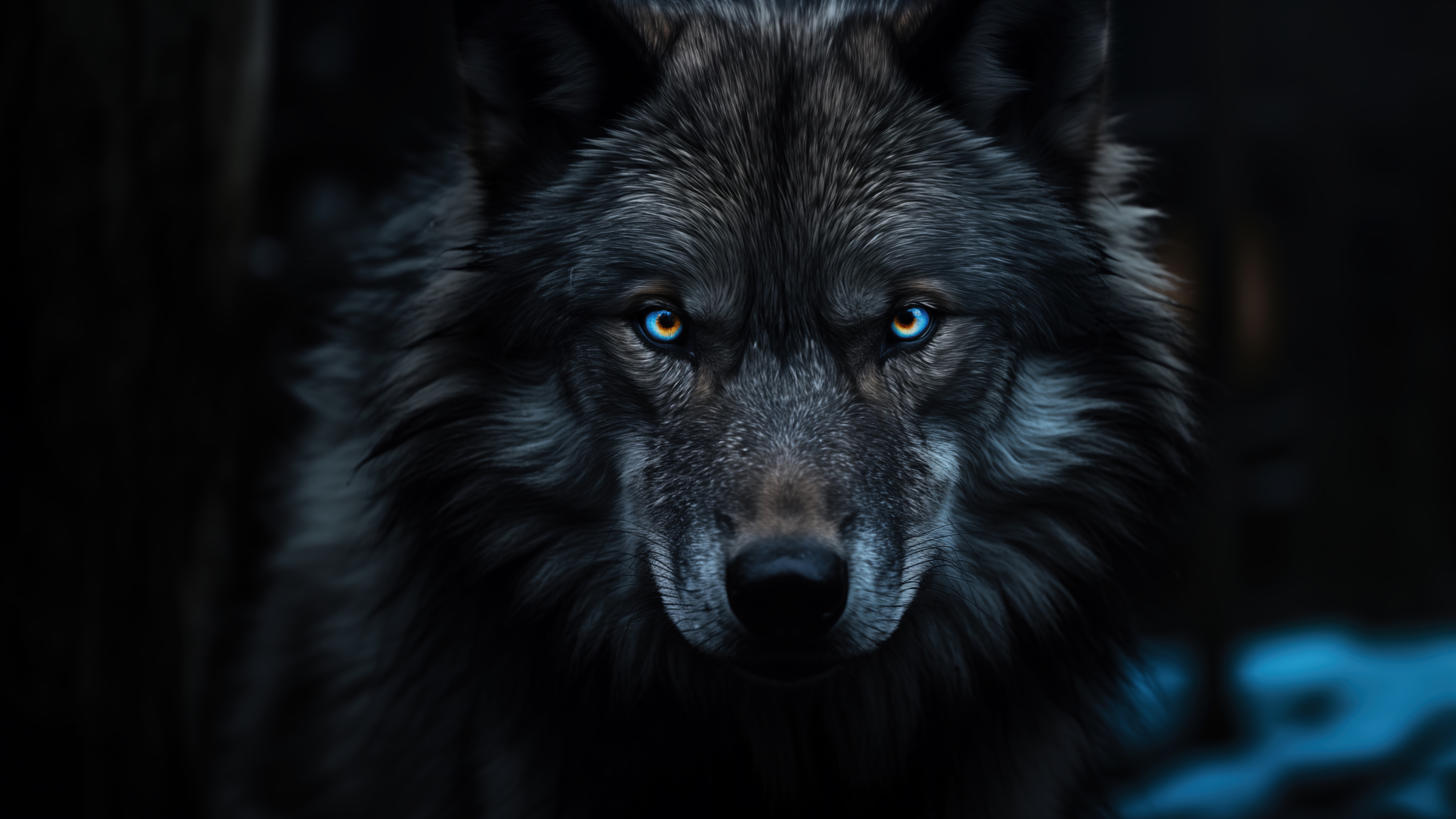Close-up of a wolf's face with blue eyes HD Wallpaper