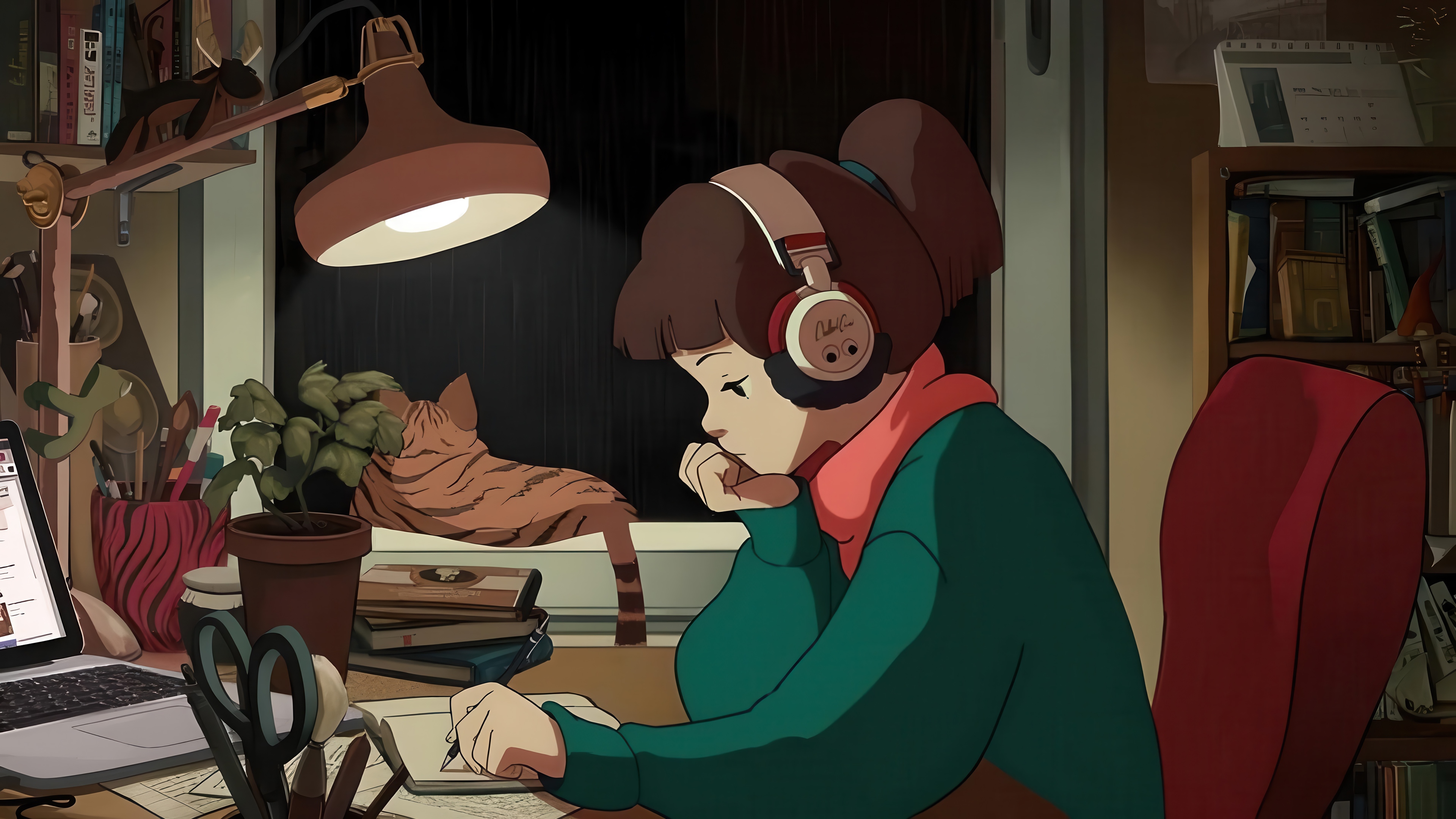 Anime Girl with Cat Studying at Night 4K HD Wallpaper