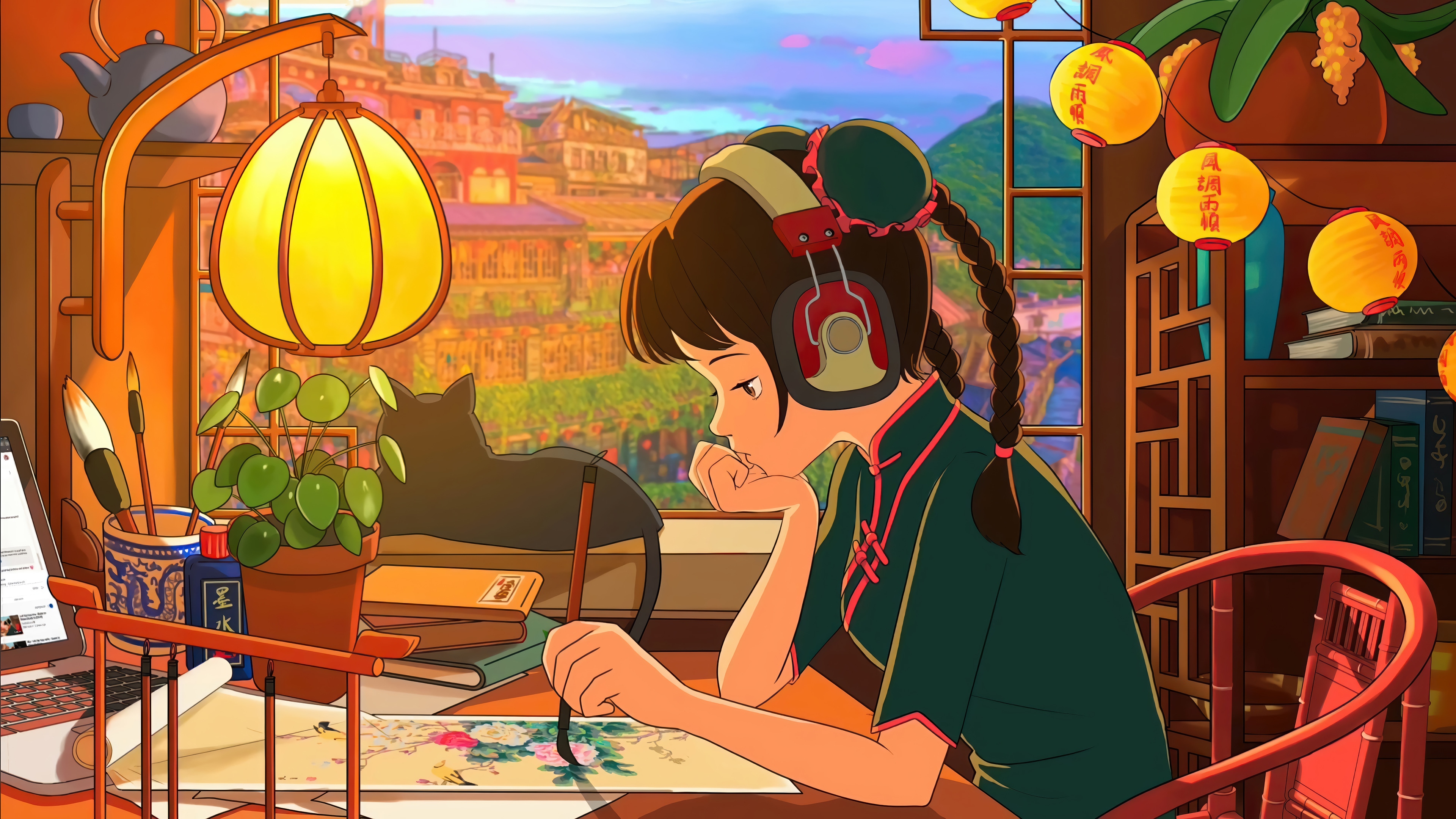 Girl with headphones painting with a cat HD Wallpaper