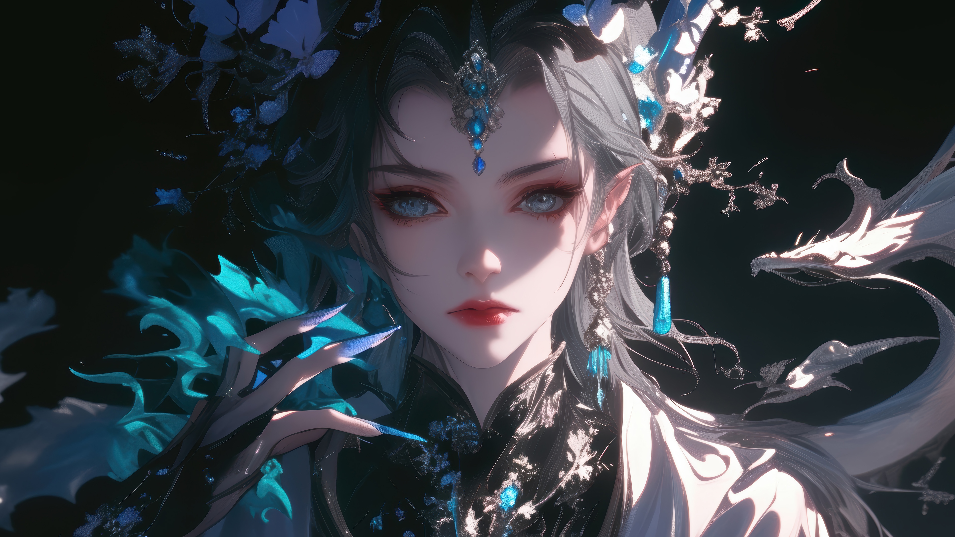 Fantasy Girl with Blue Dragon Motifs 4K HD Wallpaper