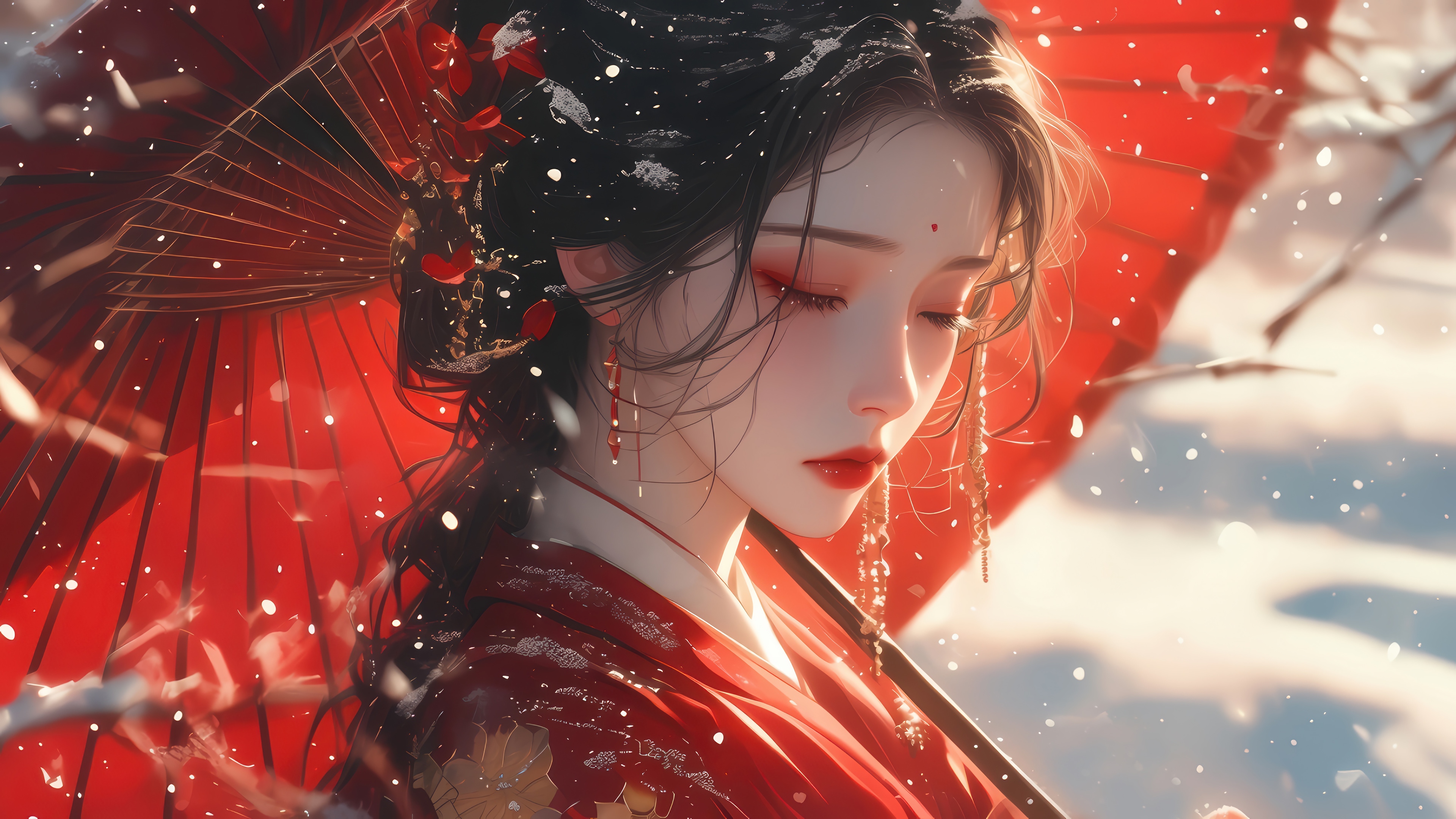 Fantasy Asian Girl with Red Umbrella in Snow 4K HD Wallpaper