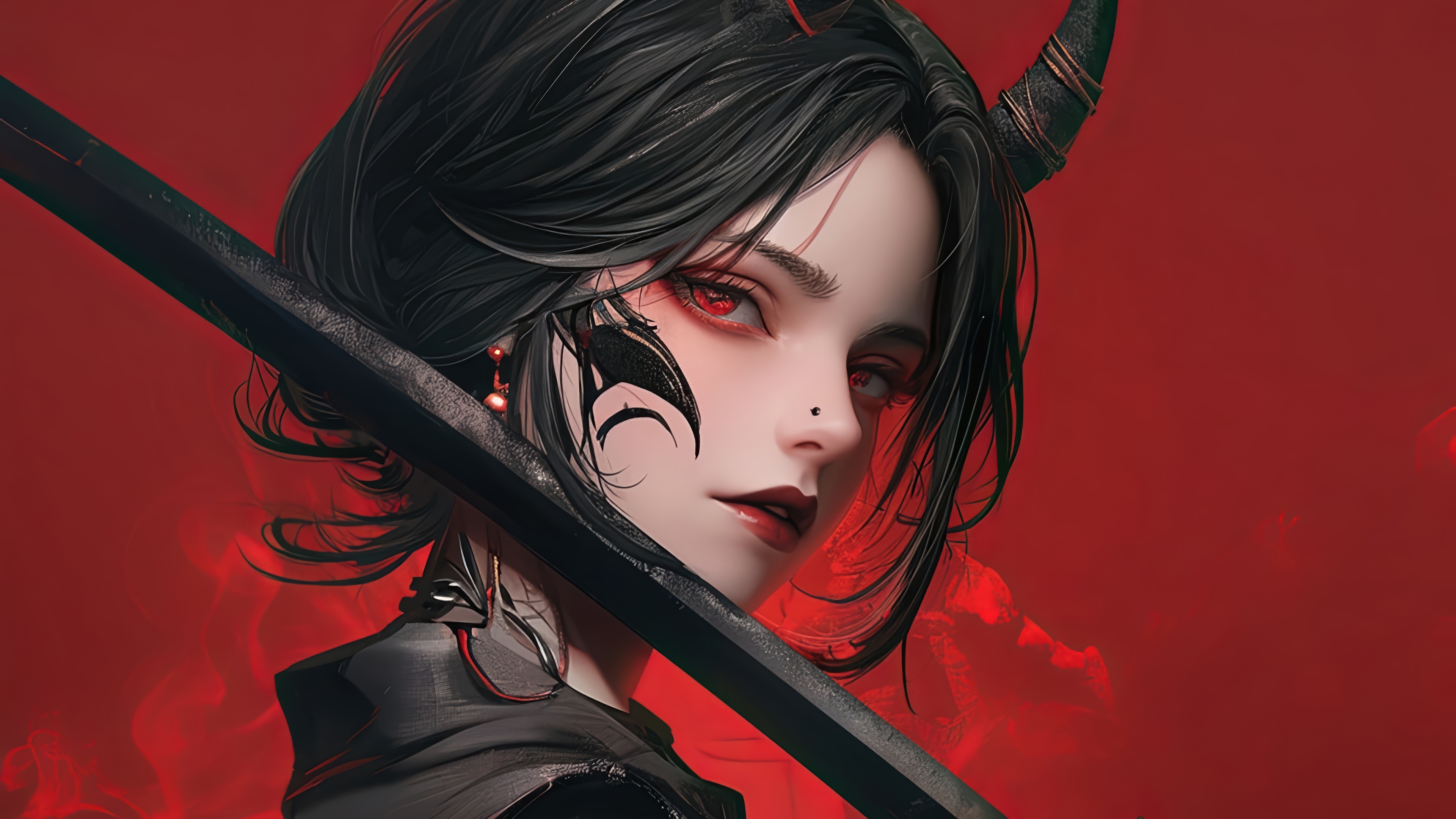 Demon Girl with Katana and Red Eyes 4K HD Wallpaper