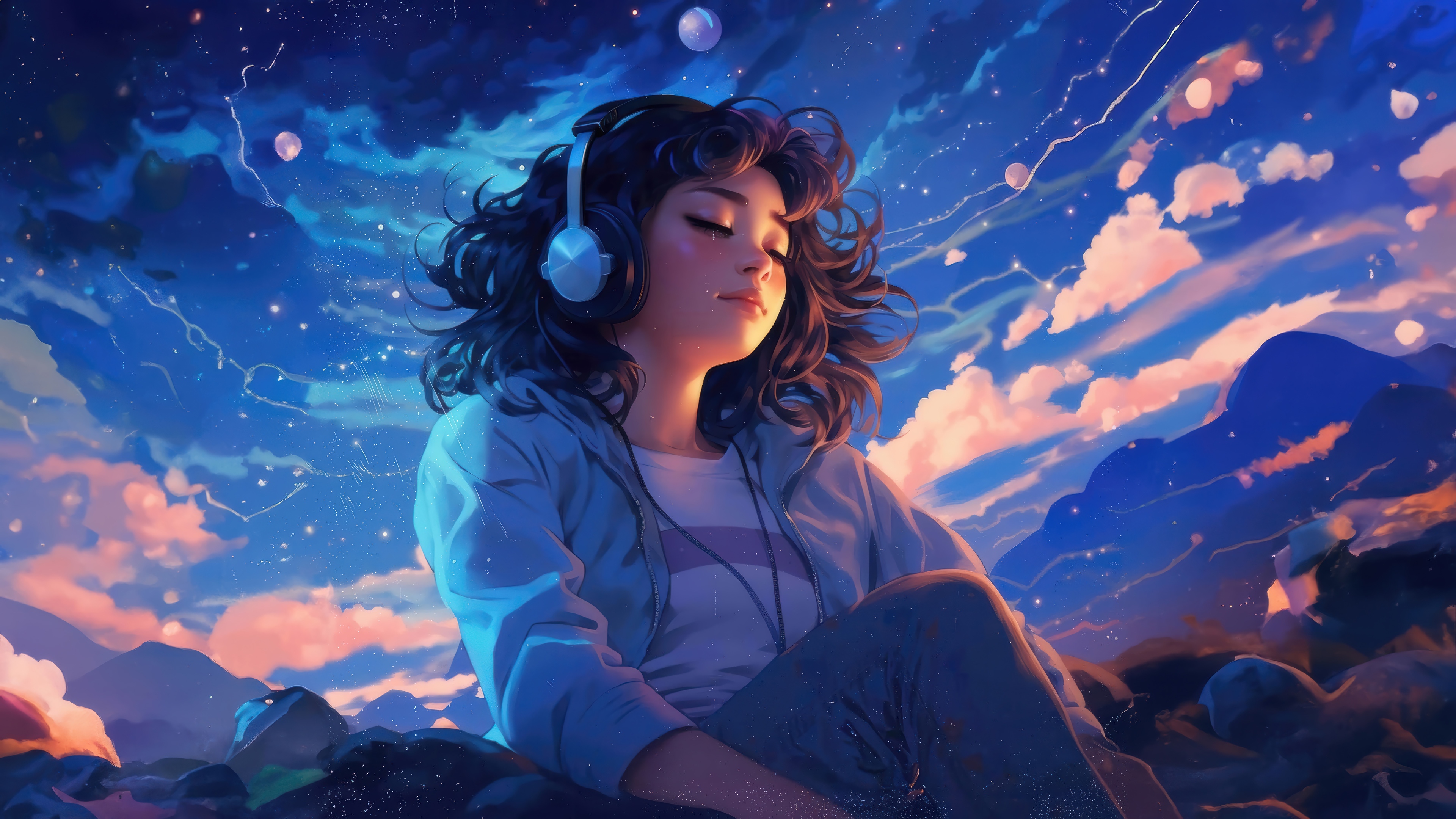 Anime Girl with Headphones in Starry Sky 4K HD Wallpaper