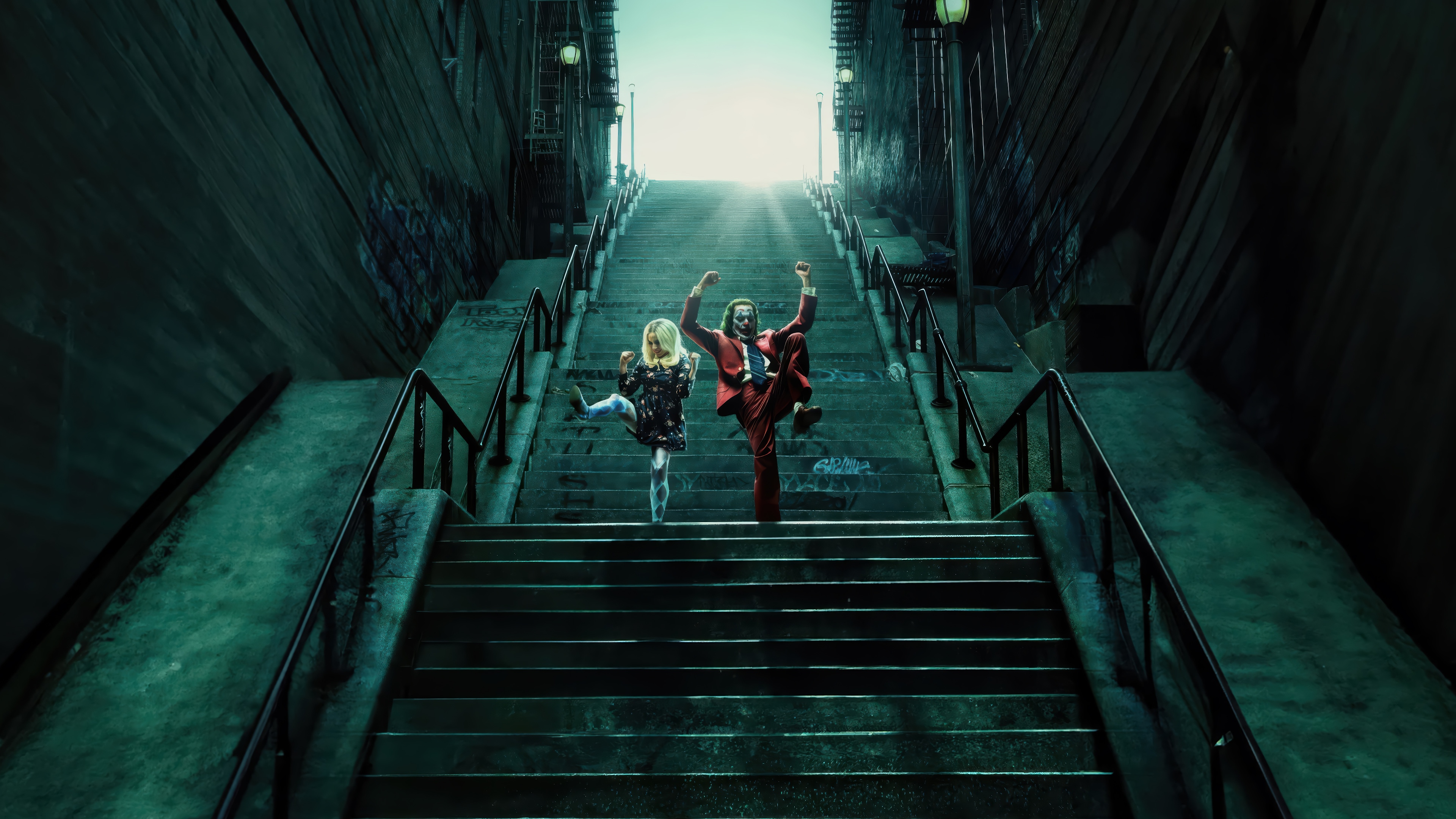 Joker and Harley Quinn dancing on stairs 4K HD Wallpaper