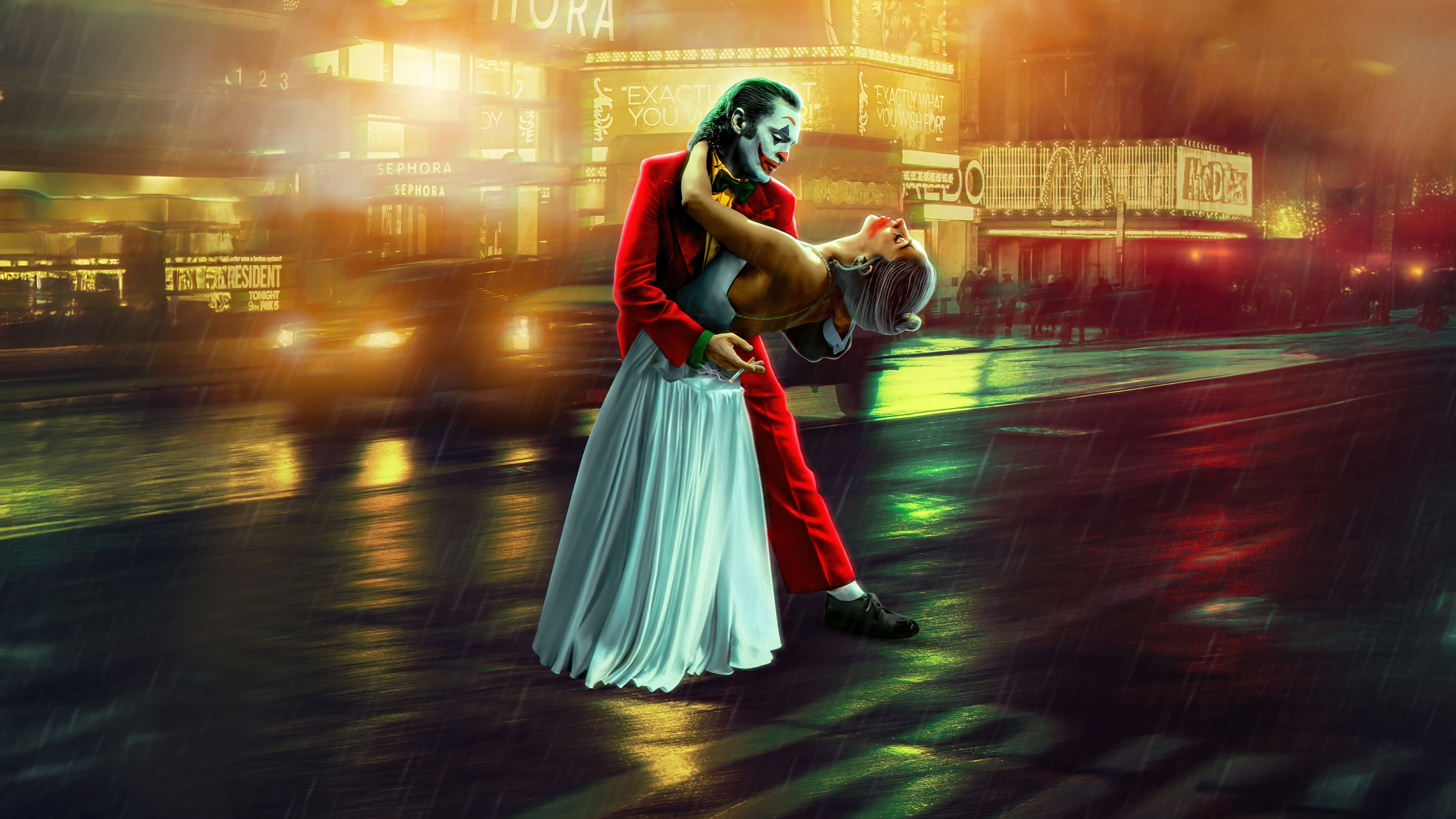 Joker and Harley Quinn dancing in the rain 4K HD Wallpaper