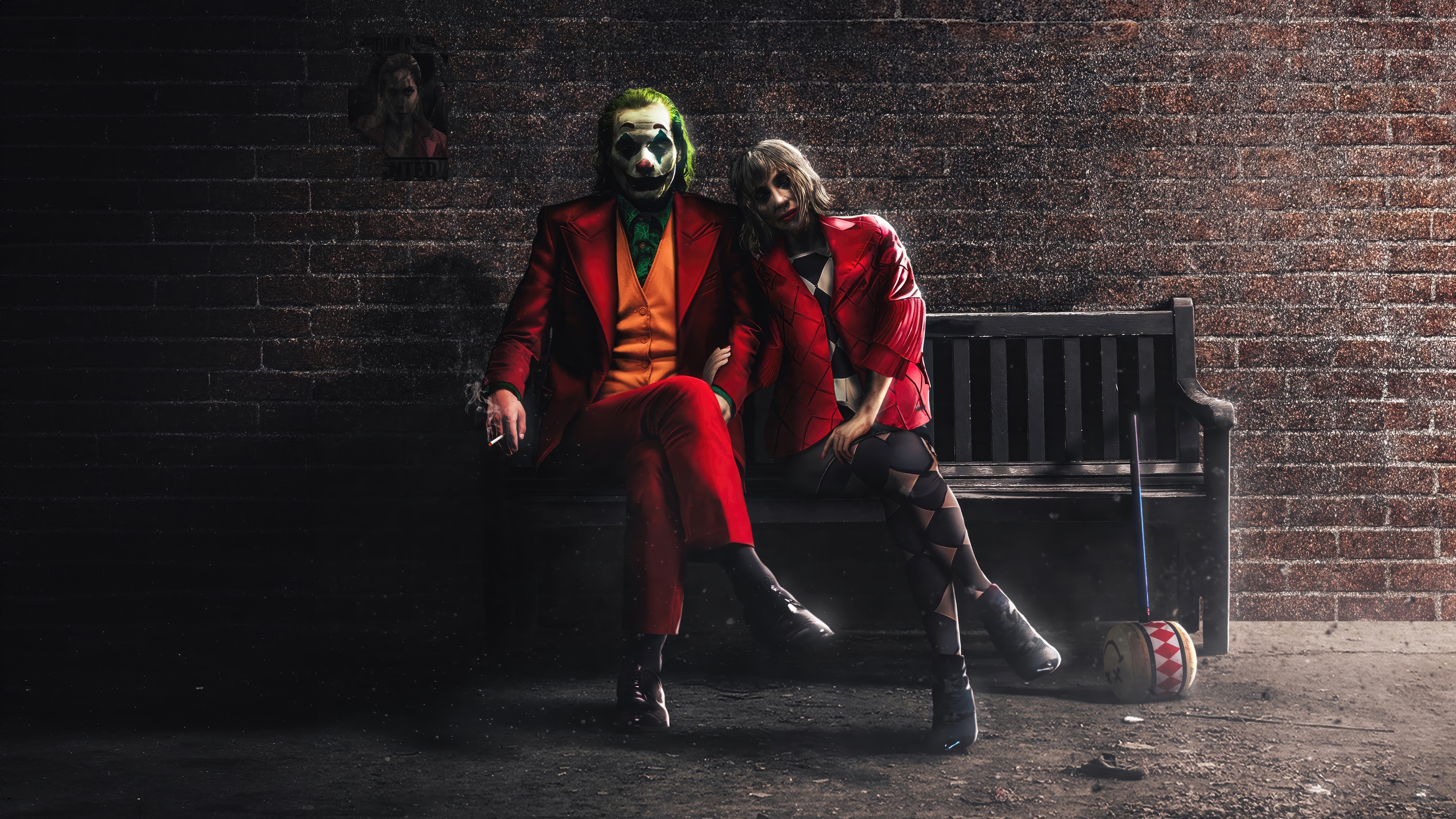 Joker and Harley Quinn sitting on a bench HD Wallpaper