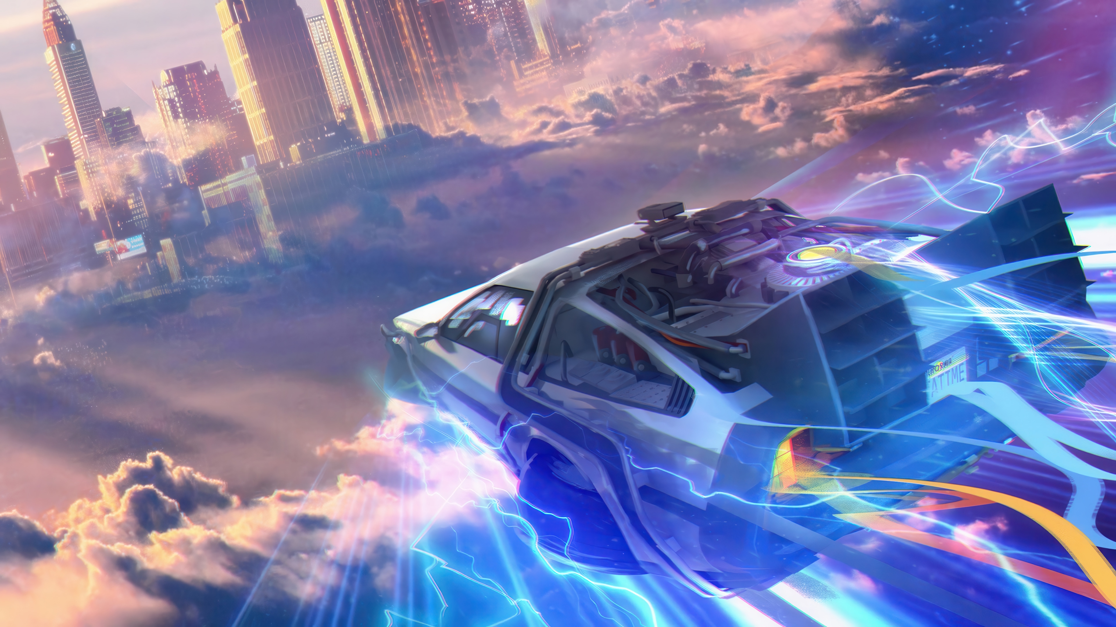 DeLorean Time Machine Flying Through Clouds HD Wallpaper