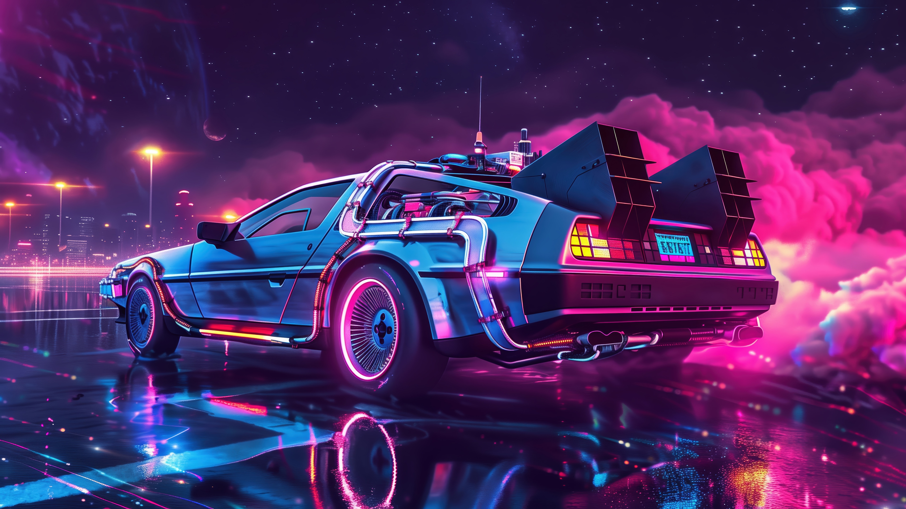 DeLorean Time Machine in a Neon Cityscape HD Wallpaper