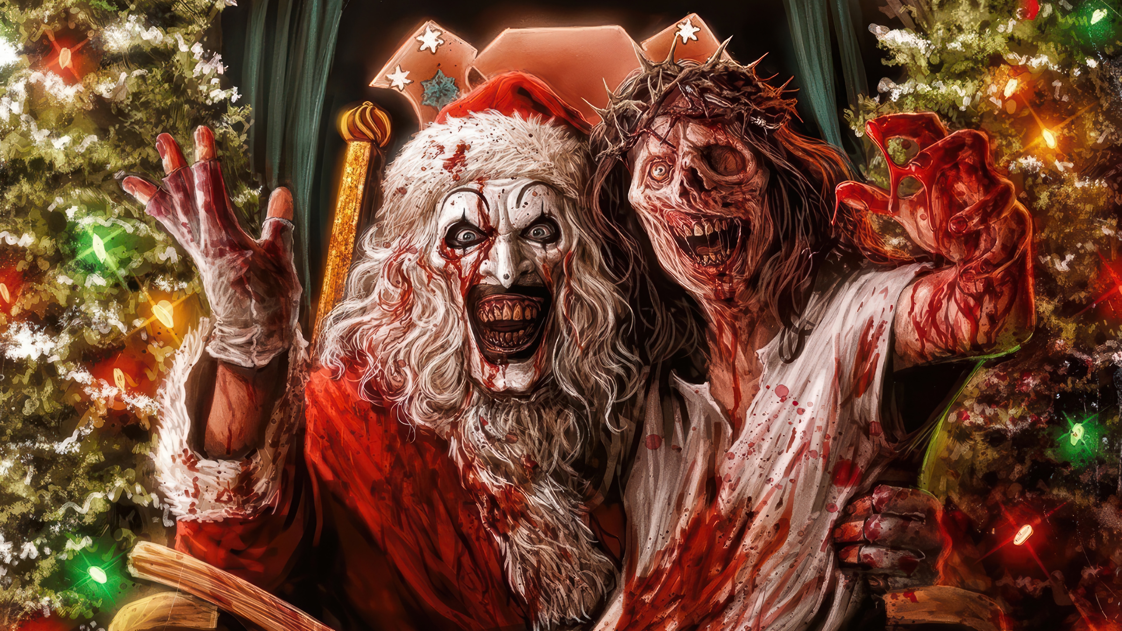 Terrifier 3 Art the Clown and Zombie Santa 4K HD Wallpaper